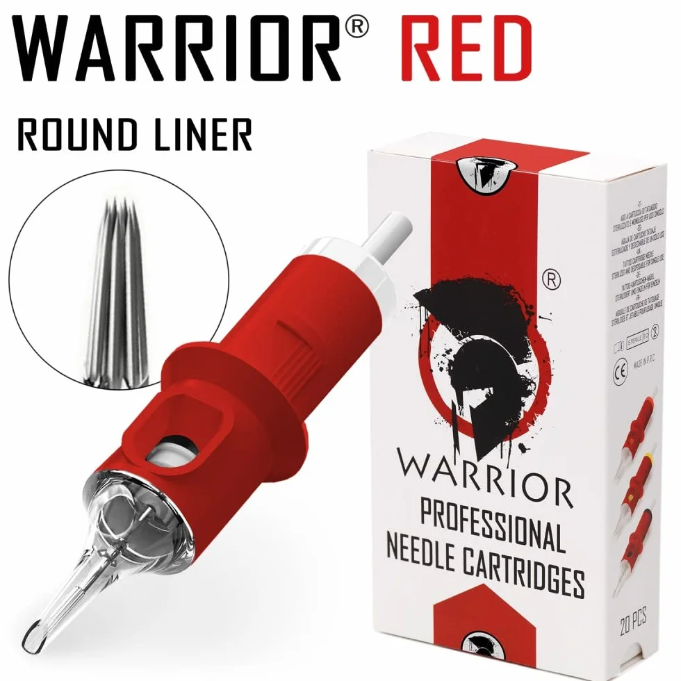 WARRIOR Rojo Cartuchos de agujas de tatuaje profesionales Tattoo Needle Cartridge esterilizado Round Liner 20 piezas Acero quirúrgico 316L Maquillaje permanente desechable (RED-0803RL)