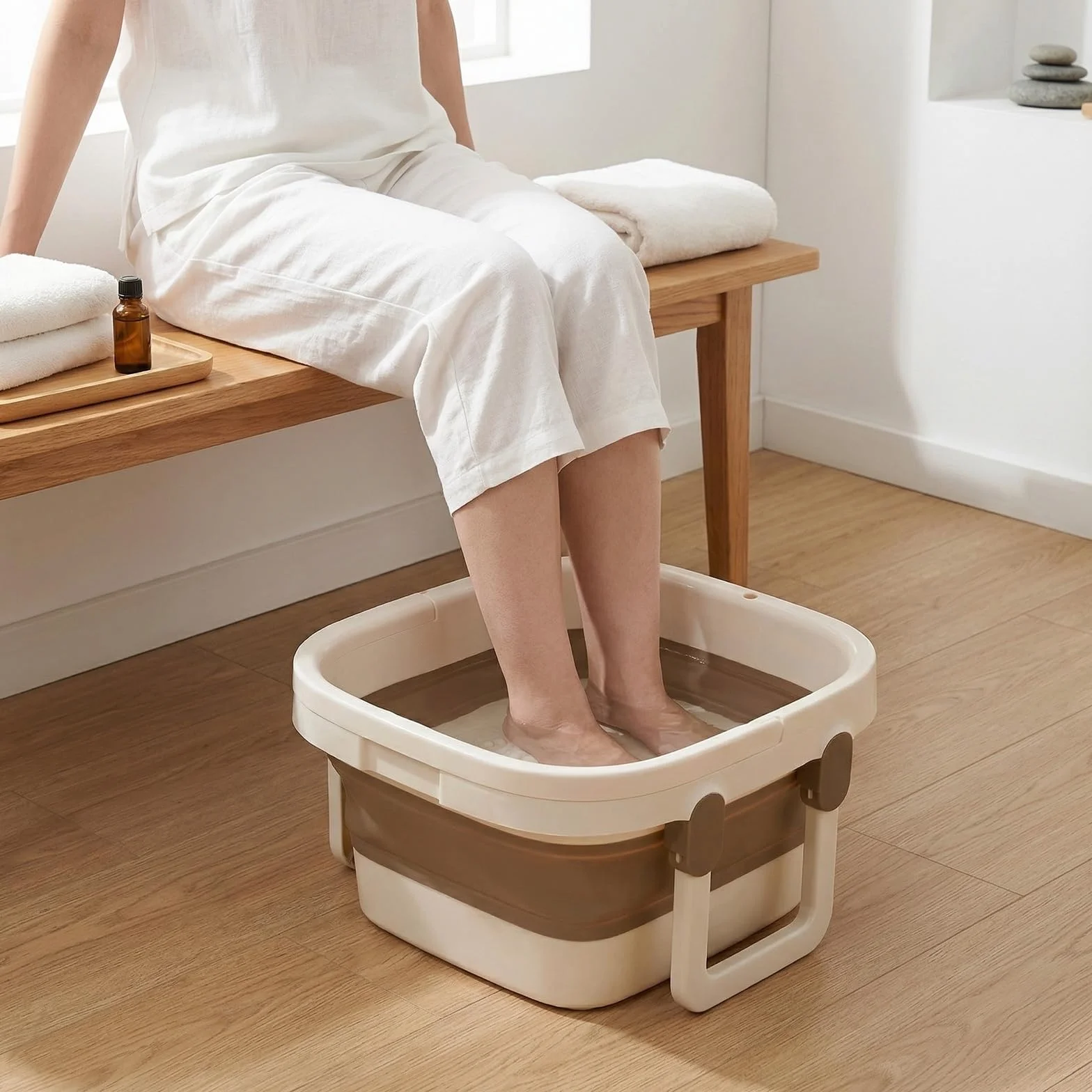 Barreño Plegable, Barreño con Estructura Reforzada, Baño de Pies Retráctil con Nódulos de Masaje y Asa, Remojo de Pies, Cuidado y Relajación, Balde Plegable
