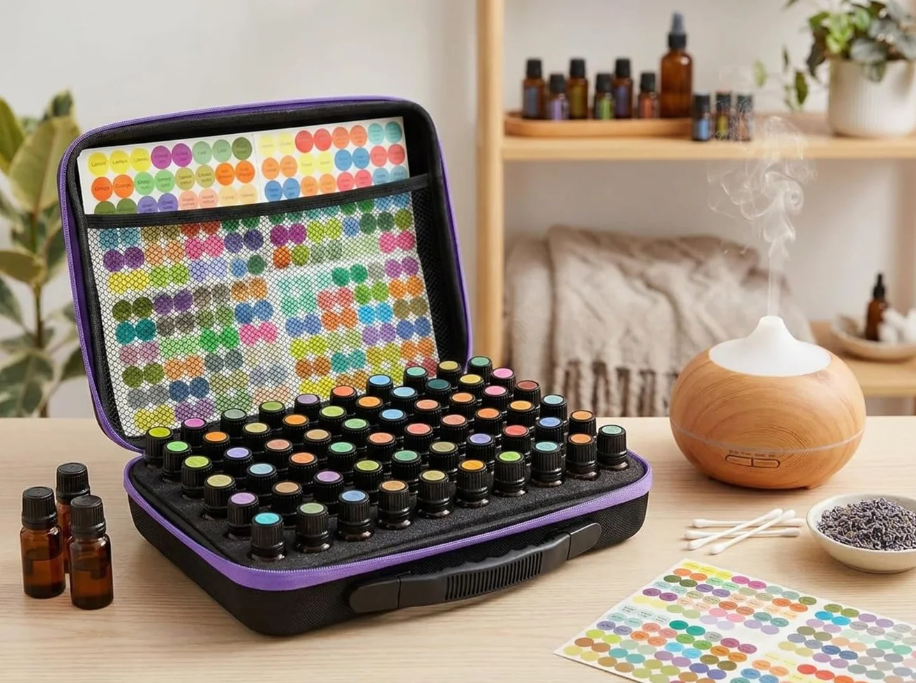 Caja de Aceite Esencial, 60 Rejillas Botellas Aceites Esenciales para Aceites Esenciales de 5 ml, 10 ml, 15 ml, Estuche de Viaje de Transporte Carcasa Dura Organizador de Almacenamiento Exterior