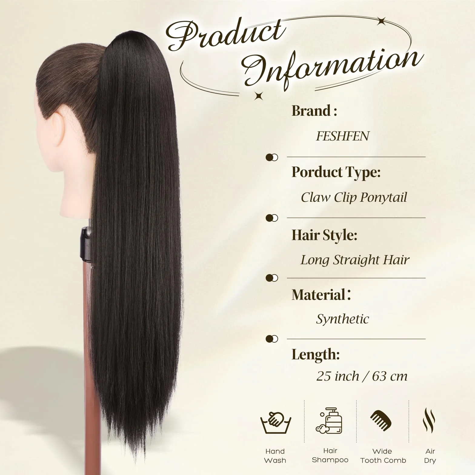 FESHFEN Coletas Postizas con Pinza - Coleta Postiza Pelo Natural Lisa Larga Ponytail Clip de Extensiones de Cabello Negro Marrón Sintético Cola Postizos para Mujeres, 63 cm