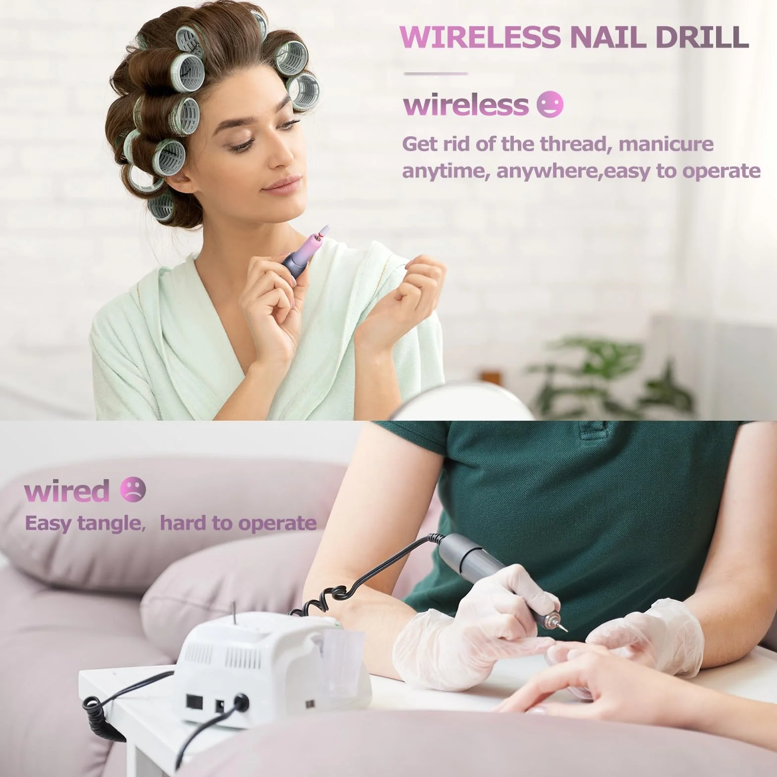 Torno para Uñas Profesional Lijadora Eléctrica de Uñas sin Cable 30000RPM, Lima de Uñas Portátil con Pantalla LCD, 12 Puntas, Potente Kit de Lijado para Manicura y Pedicura (Gris y Rosa)