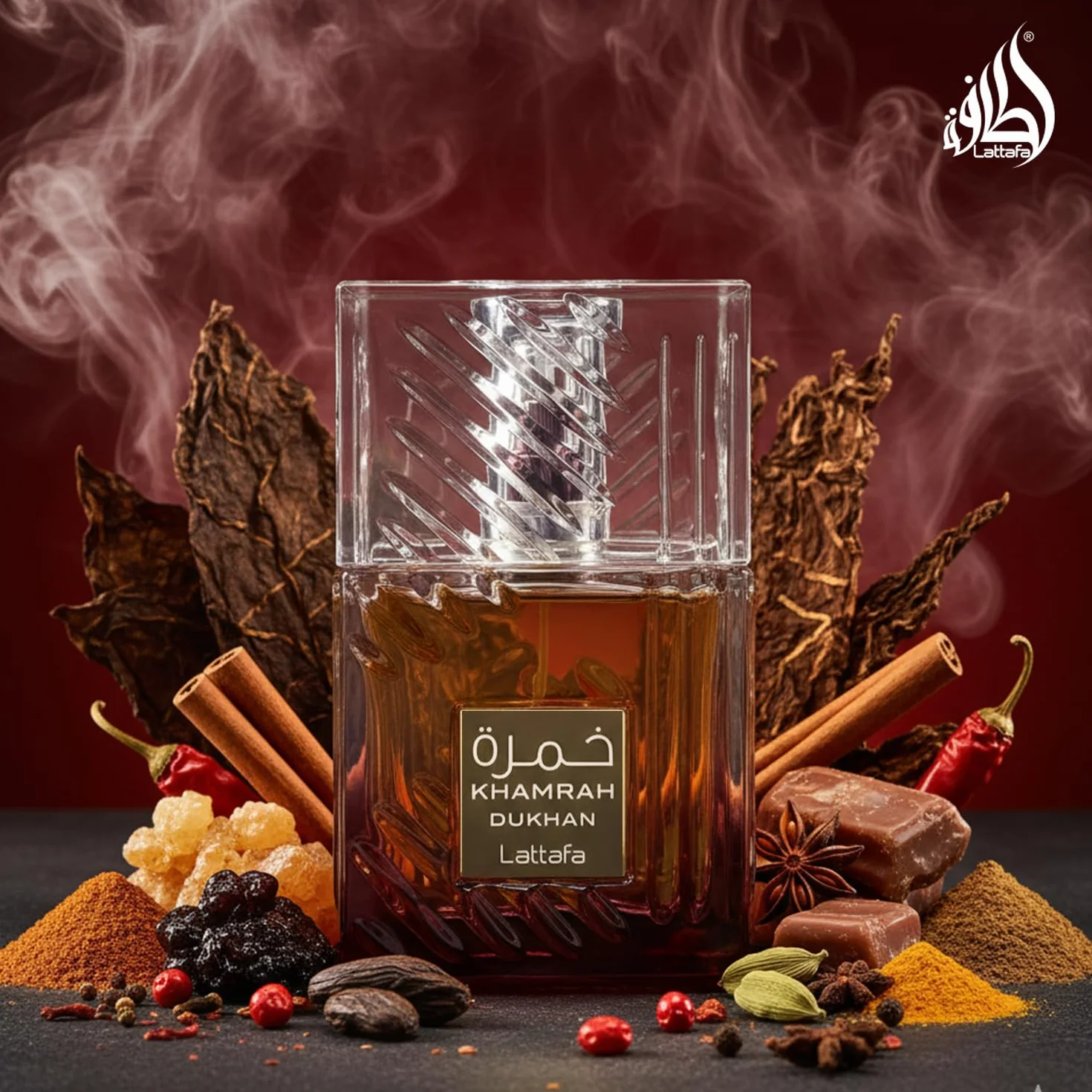 Perfume Khamrah Dukhan EDP de Lattafa 100 ml, perfume unisex - Pimento picante ahumado