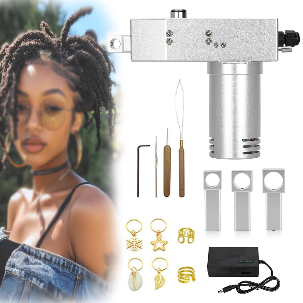 Máquina eléctrica de rastas de Mano, Kit de máquina de rastas para trenzar Cabello sintético, máquina portátil para Hacer rastas,Tres Cabezales Intercambiables (6 mm, 8 mm, 10 mm)