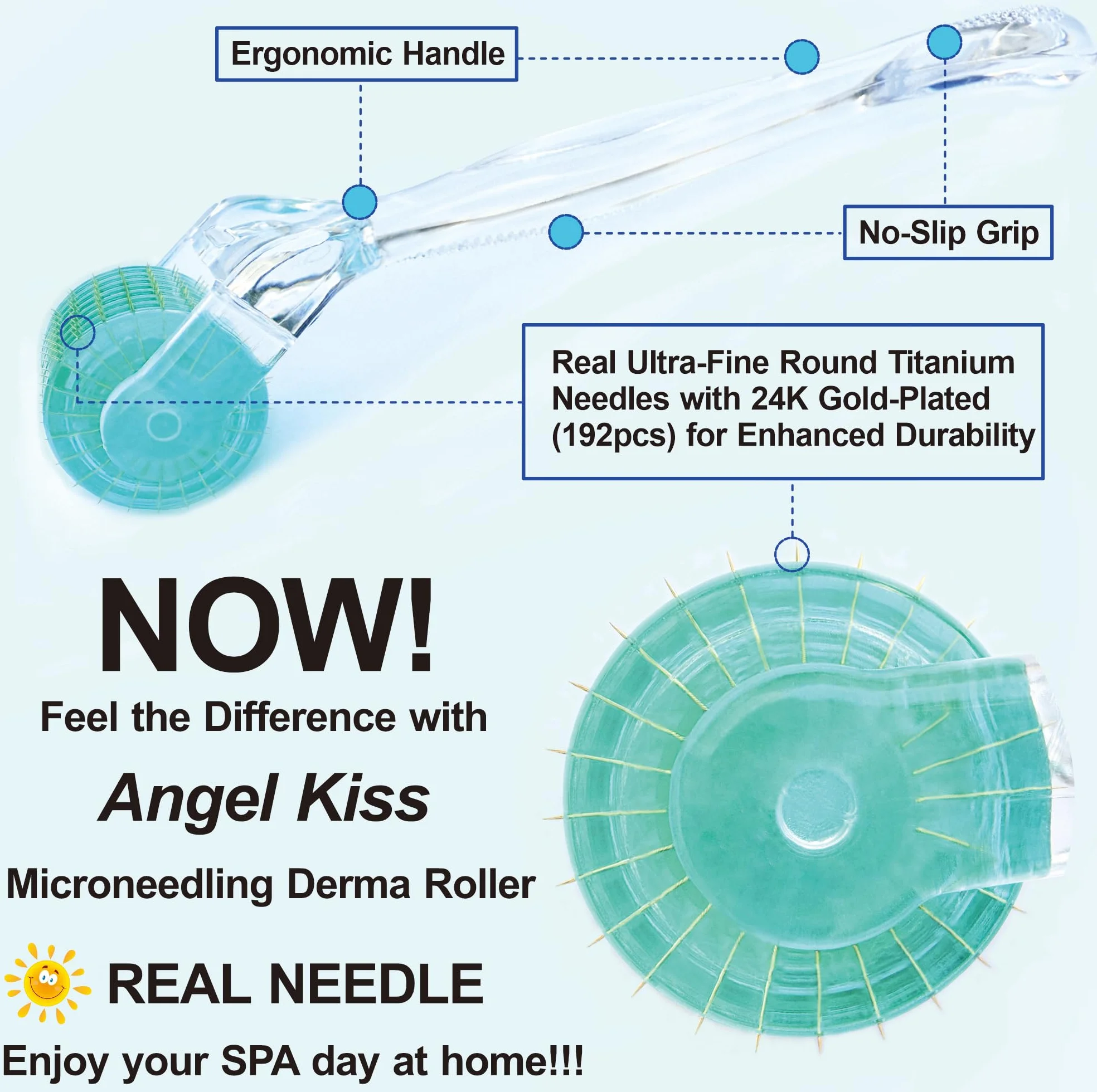 Angel Kiss Derma Roller Agujas reales de 0,3 mm, 192 agujas individuales de titanio, rodillo de microagujas para el cuidado de la piel facial y corporal