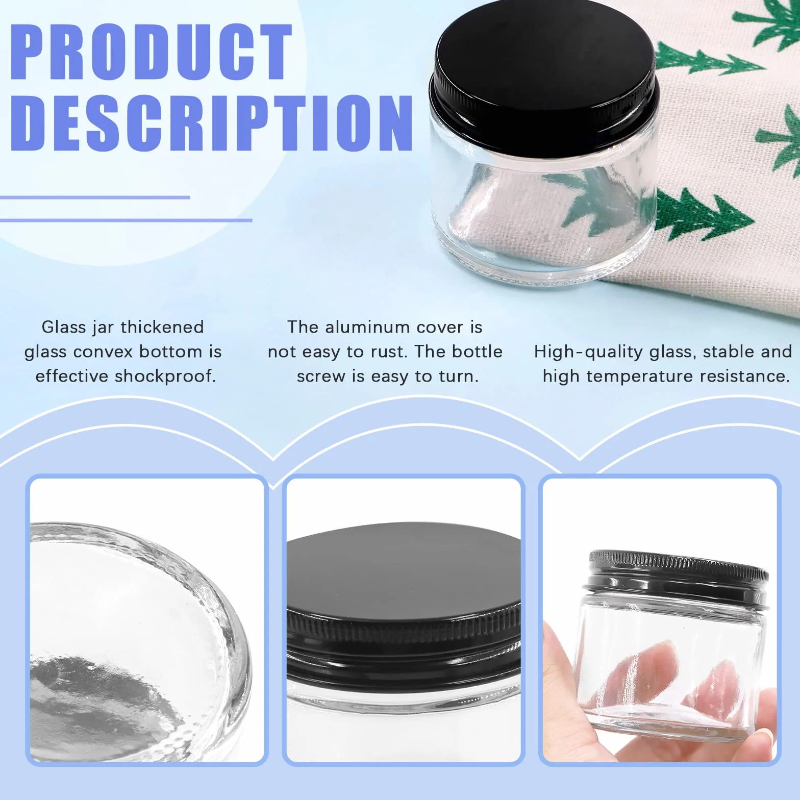 Glarks 15 paquete 2 oz / 60 ml frascos de vidrio con tapas, frascos redondos de vidrio transparente con forro interior y tapas negras para almacenar cremas, productos de belleza