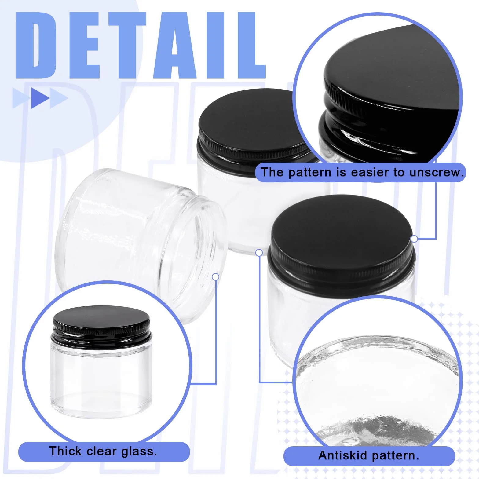Glarks 15 paquete 2 oz / 60 ml frascos de vidrio con tapas, frascos redondos de vidrio transparente con forro interior y tapas negras para almacenar cremas, productos de belleza