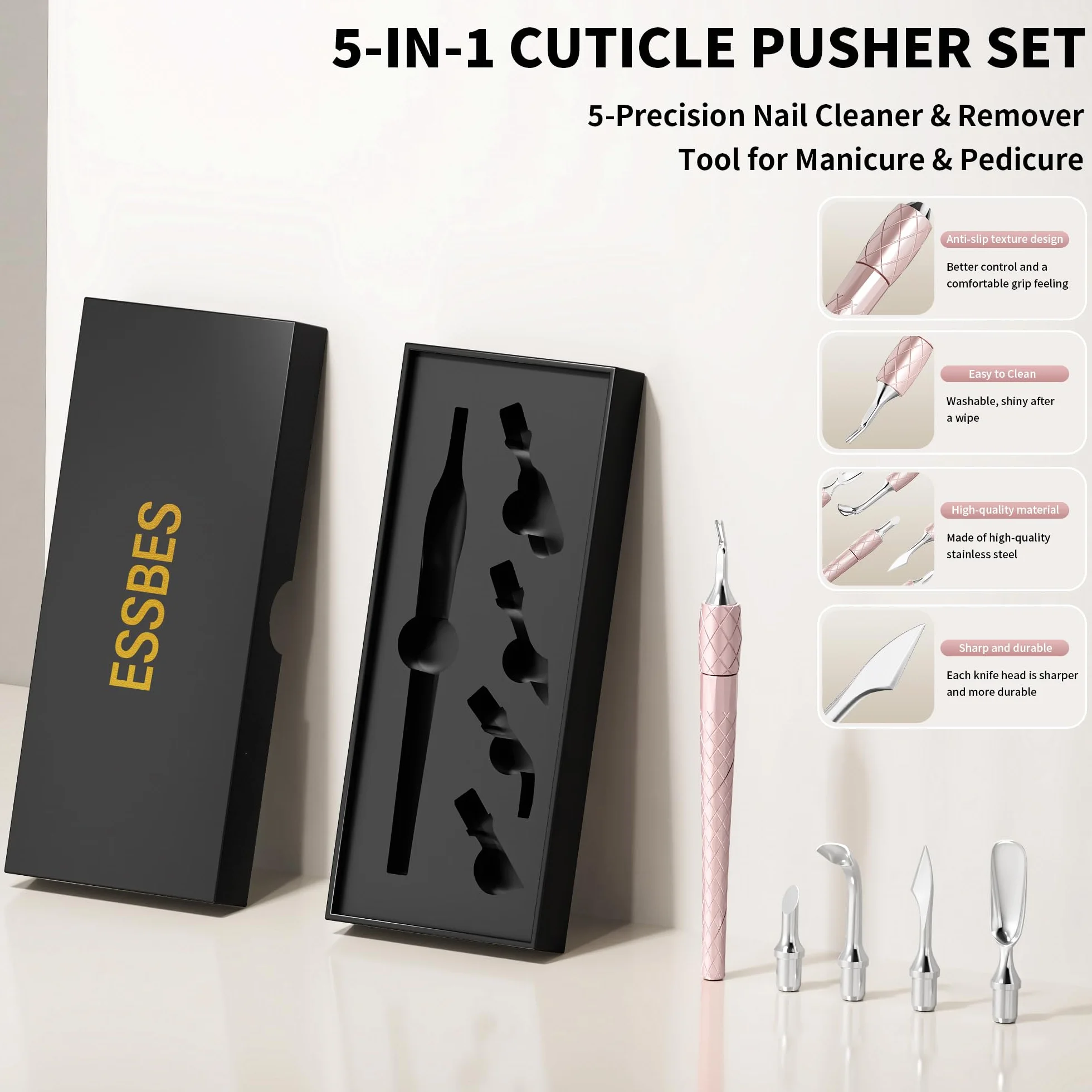 Juego de empujador de cutículas 5 en 1 con mango de aluminio, herramienta de limpieza de uñas de precisión para manicura y pedicura