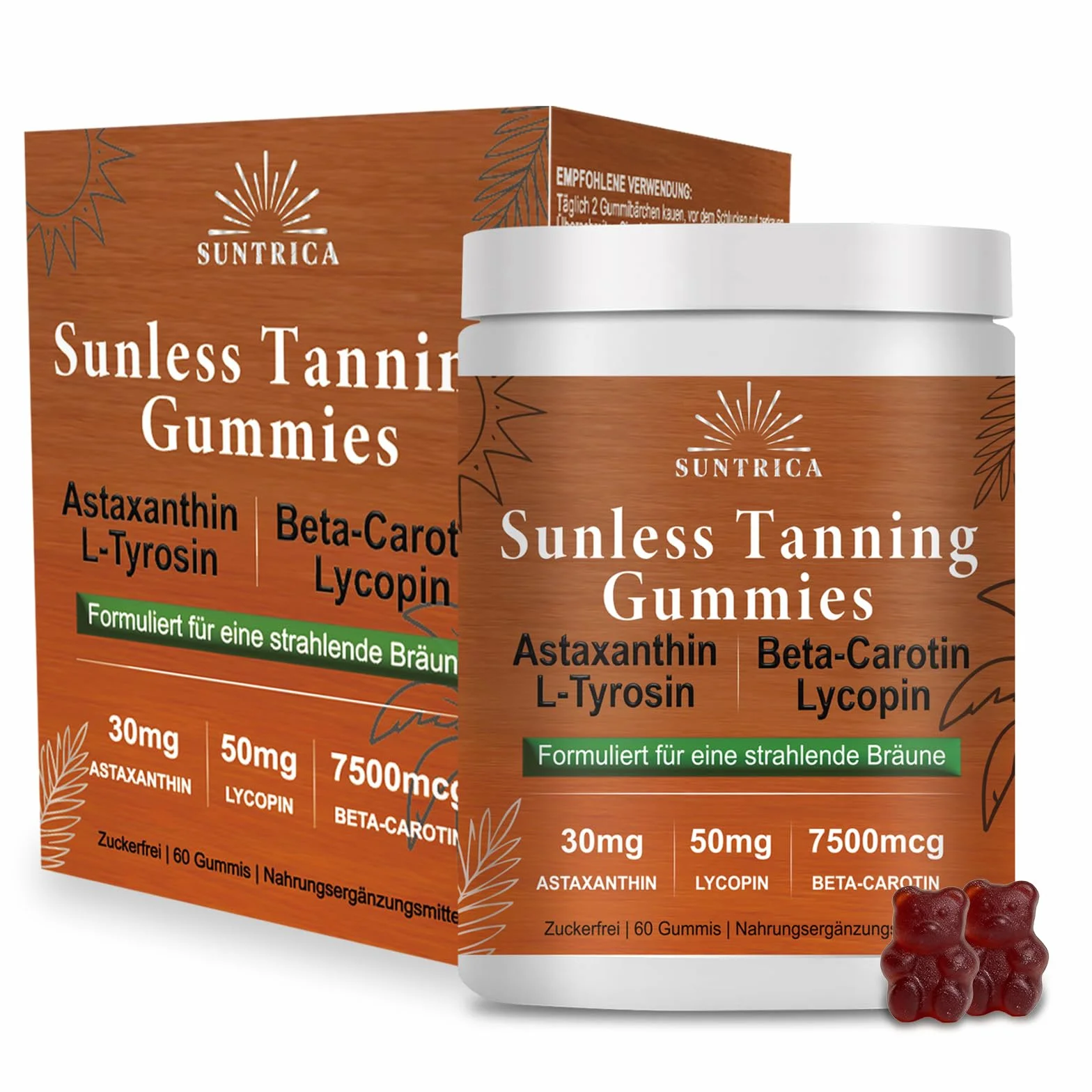 Sunless Tanning Gummies - Ositos autobronceadores y bronceadores de goma con beta caroteno, astaxantina y L-teanina – Natural Shine Brown Tez sin UV – 60 unidades