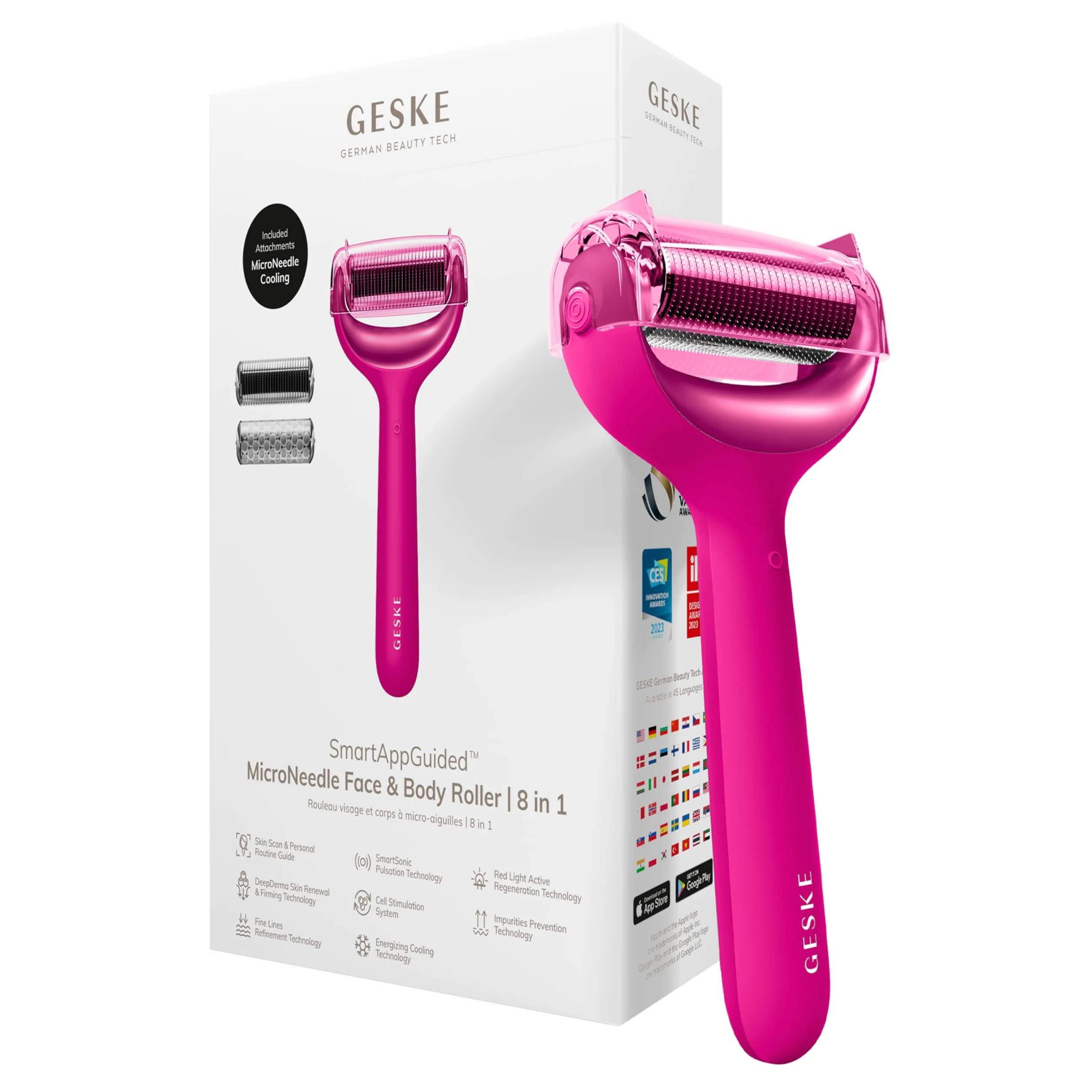 GESKE | SmartAppGuided™ MicroNeedle Face & Body Roller | 8 en 1 | Derma Roller | Rodillo eléctrico | Microagujas | Dispositivo de microagujas | Rodillo de agujas