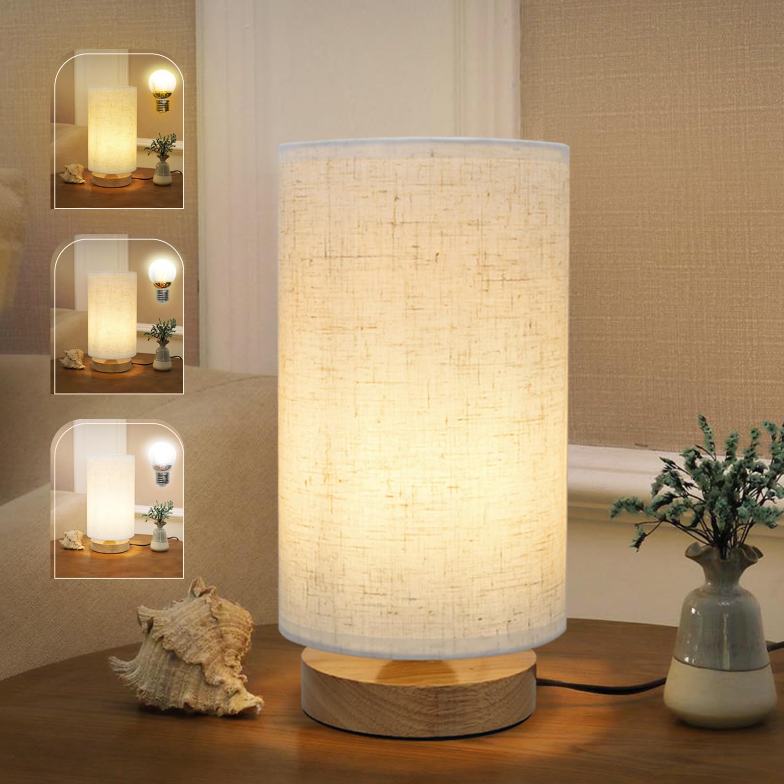 Minimalist Dimmable Bedside Lamp with Linen Shade, Adjustable Color