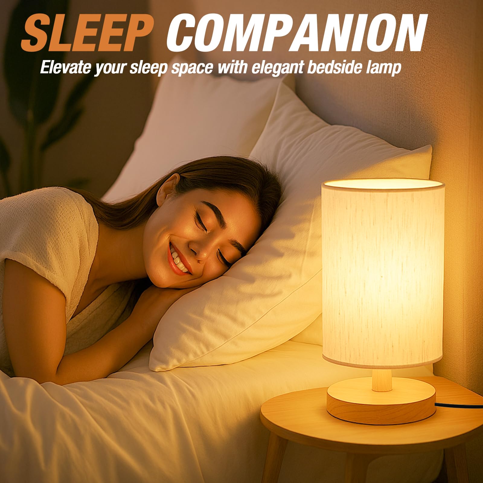 Classic Wood & Linen Bedside Table Lamp with LED