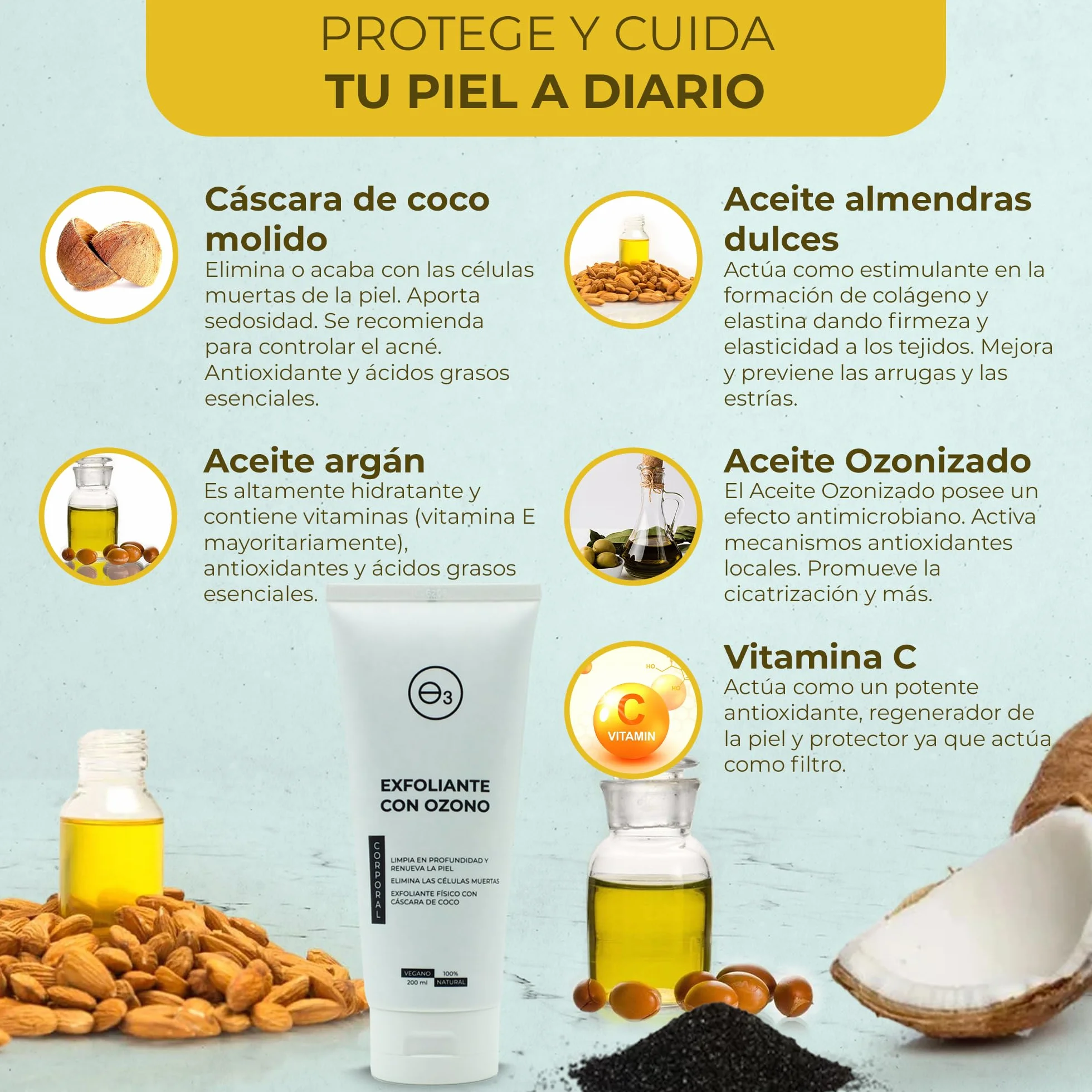 OZONO D'OR - Exfoliante Corporal con Ozono 100% Natural ECO., Trata la Piel Grasa Acné, Puntos Negros, Manchas, Poros Obstruidos | Peeling Corporal Elimina la Piel Muerta, Piel Sensible. 200 ml