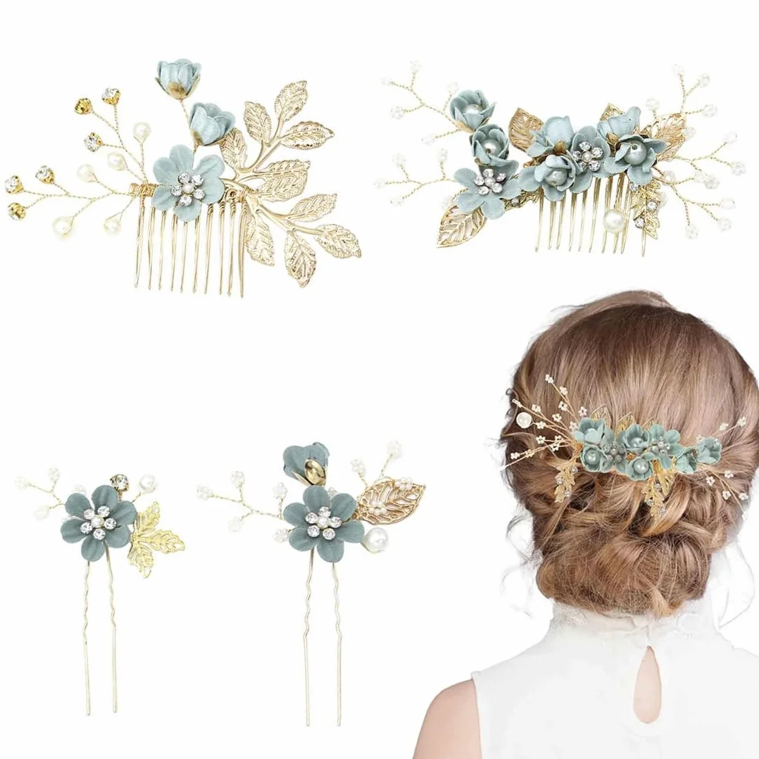 4 Piezas Peinetas para el Pelo, Adorno Pelo Novia con Cristales Verdes, Tocado de Novia para Bodas, Tocados de Pelo Verde para Mujeres, Peinetas para el Pelo Boda