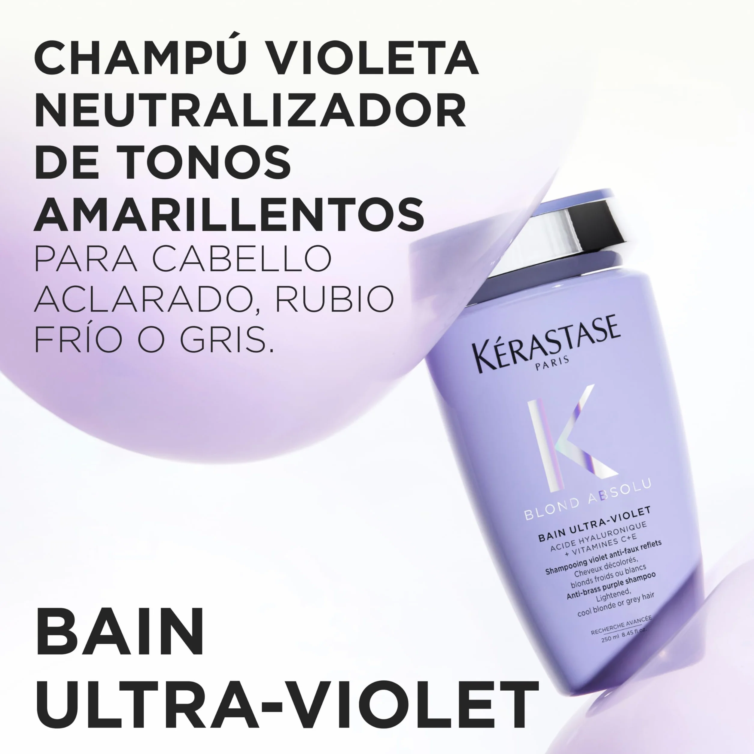 Kérastase Blond Absolu, Champú Ultravioleta Neutralizante, Para Pelo Teñido y Decolorado, Con Ácido Hialurónico, Bain Ultra-Violet, 250 ml