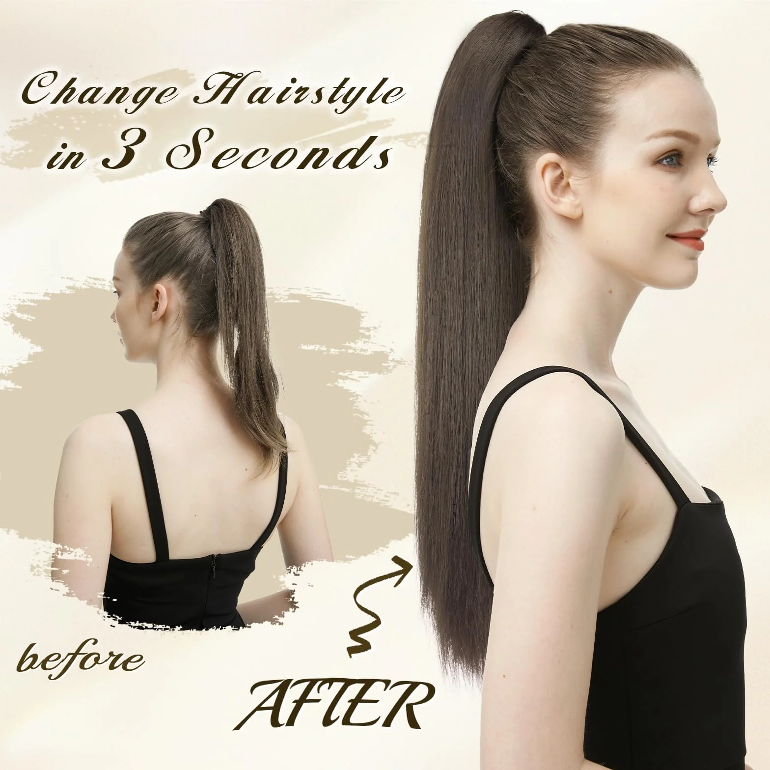 FESHFEN Coletas Postizas con Pinza - Coleta Postiza Pelo Natural Lisa Larga Ponytail Clip de Extensiones de Cabello Negro Marrón Sintético Cola Postizos para Mujeres, 63 cm