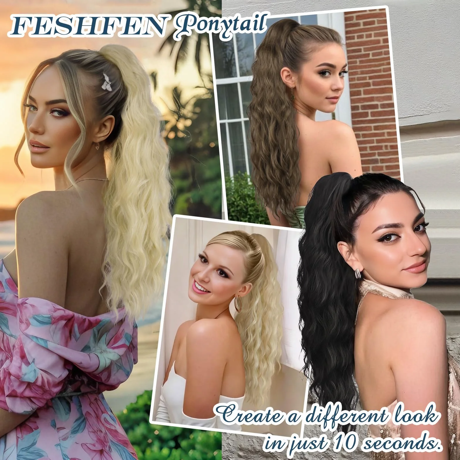 FESHFEN Coletas Postizas Pelo Ondulada, Largo Cola de Caballo Extensiones con Peine Sintetico Postizos Ponytail Extensiones de Cabello para Mujer, 60 cm Marrón Claro & Rubio