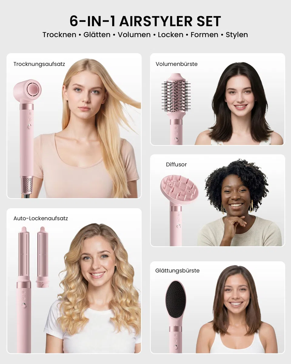 MESCOMB 6 en 1 Air Styler, Cepillo Secador de Pelo par Difusor par Secado Rápido, Sin Daños por Calor, Sin Frizz Cuidado iónico par Volumisation, Con bolsa de viaje, Dar Regalos