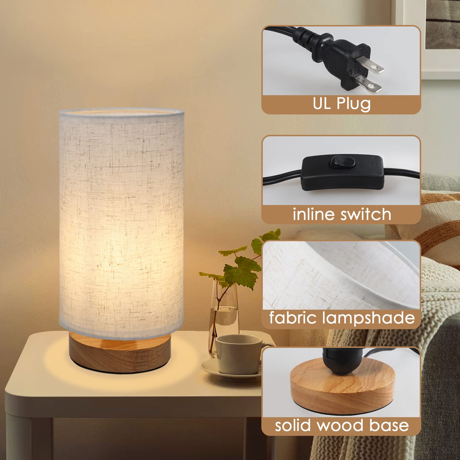 Minimalist Dimmable Bedside Lamp with Linen Shade, Adjustable Color