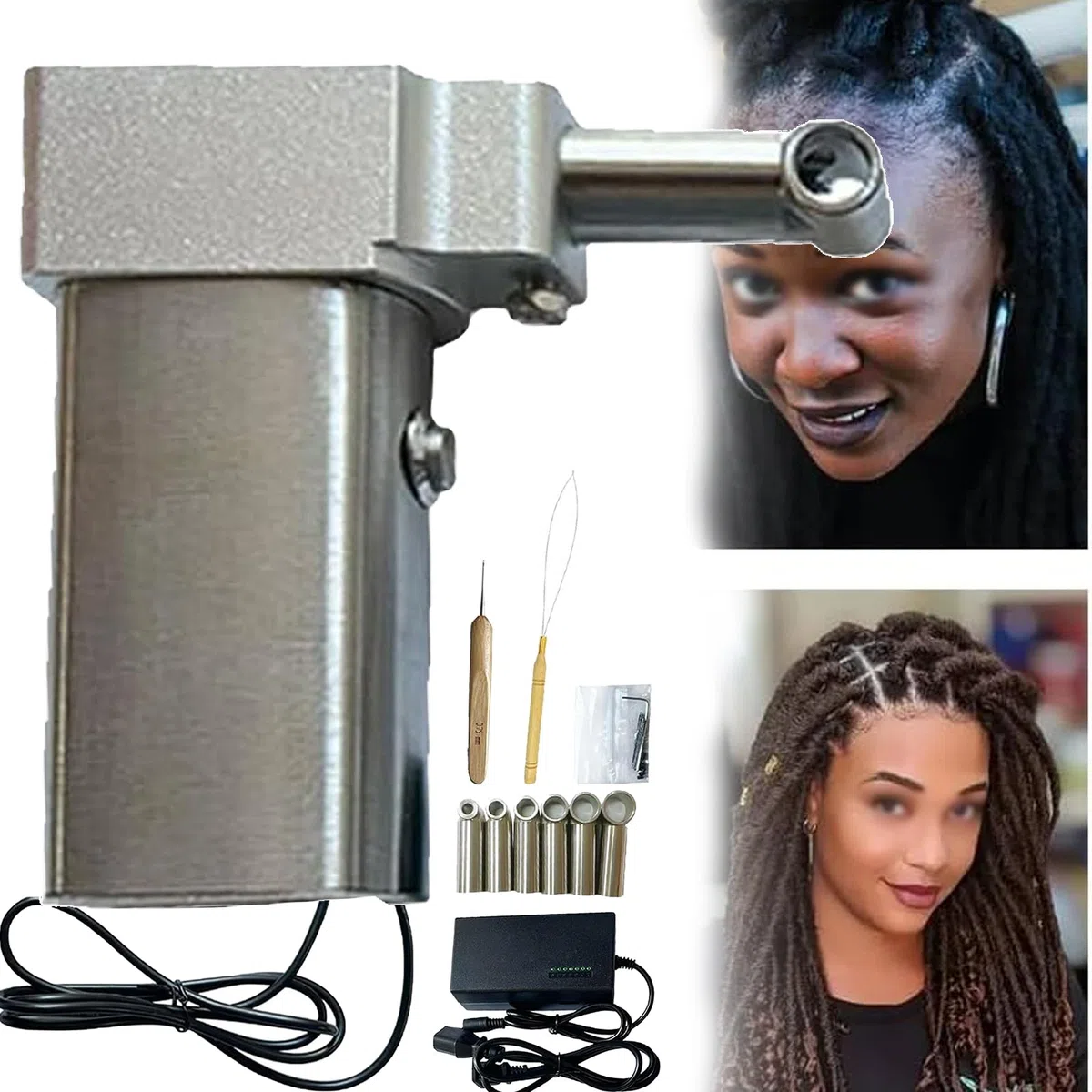 Máquina Eléctrica Rastas 1,2 Kg, 7 Ajustes Velocidad+Fácil Usar/Maniobrar, con 6 Cabezales, Extensiones Cabello Rastas Trenzado Rápido/Fácil, para Trenzas Sintéticas/Reparadoras,A