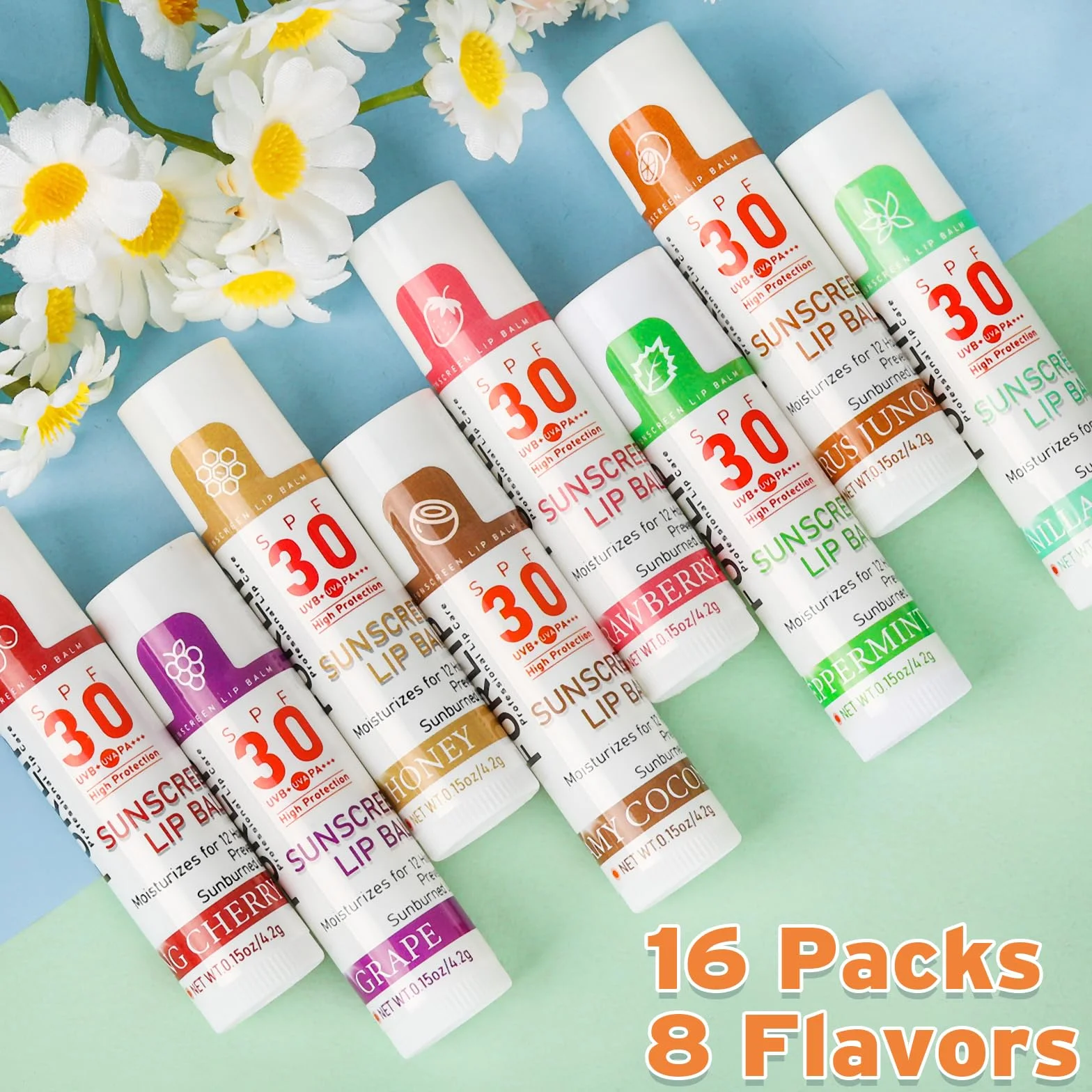 VISRIE Spf 30 Bálsamo Labial con Protección Solar, Bálsamo Labial Spf Bulk Travel Dimension-16 Pack, Paquete Bálsamo Labial Hidratante con Vitamina E E E Aceite de Coco - 8 Aromas