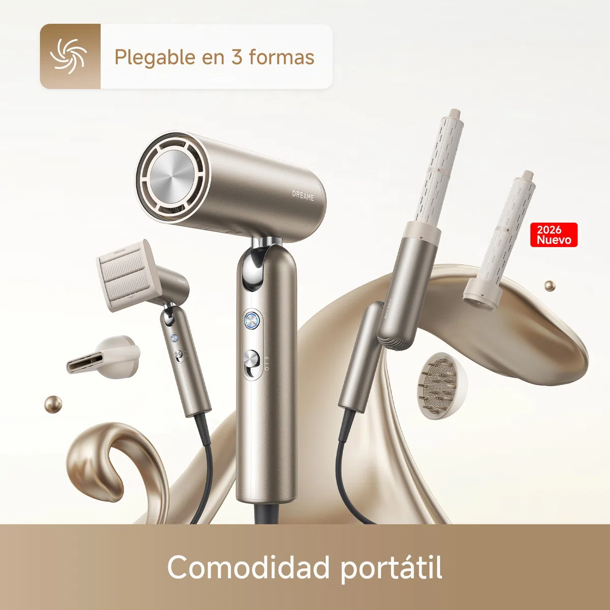 DREAME Pocket Pro Secador de Pelo de Alta Velocidad, 4 Boquillas, Plegable | Difusor, Antifrizz, Moldeador y Rizador, Motor de 110.000 RPM, 300 Millones de Iones Negativos/cm3, 570C, Secado 40s