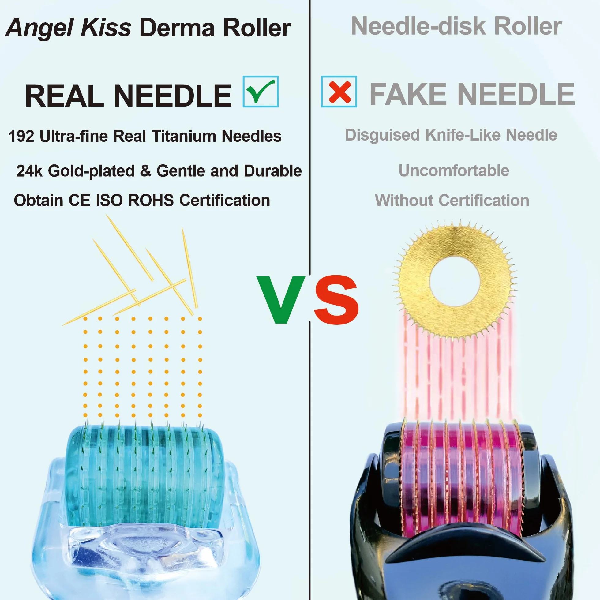 Angel Kiss Derma Roller Agujas reales de 0,3 mm, 192 agujas individuales de titanio, rodillo de microagujas para el cuidado de la piel facial y corporal