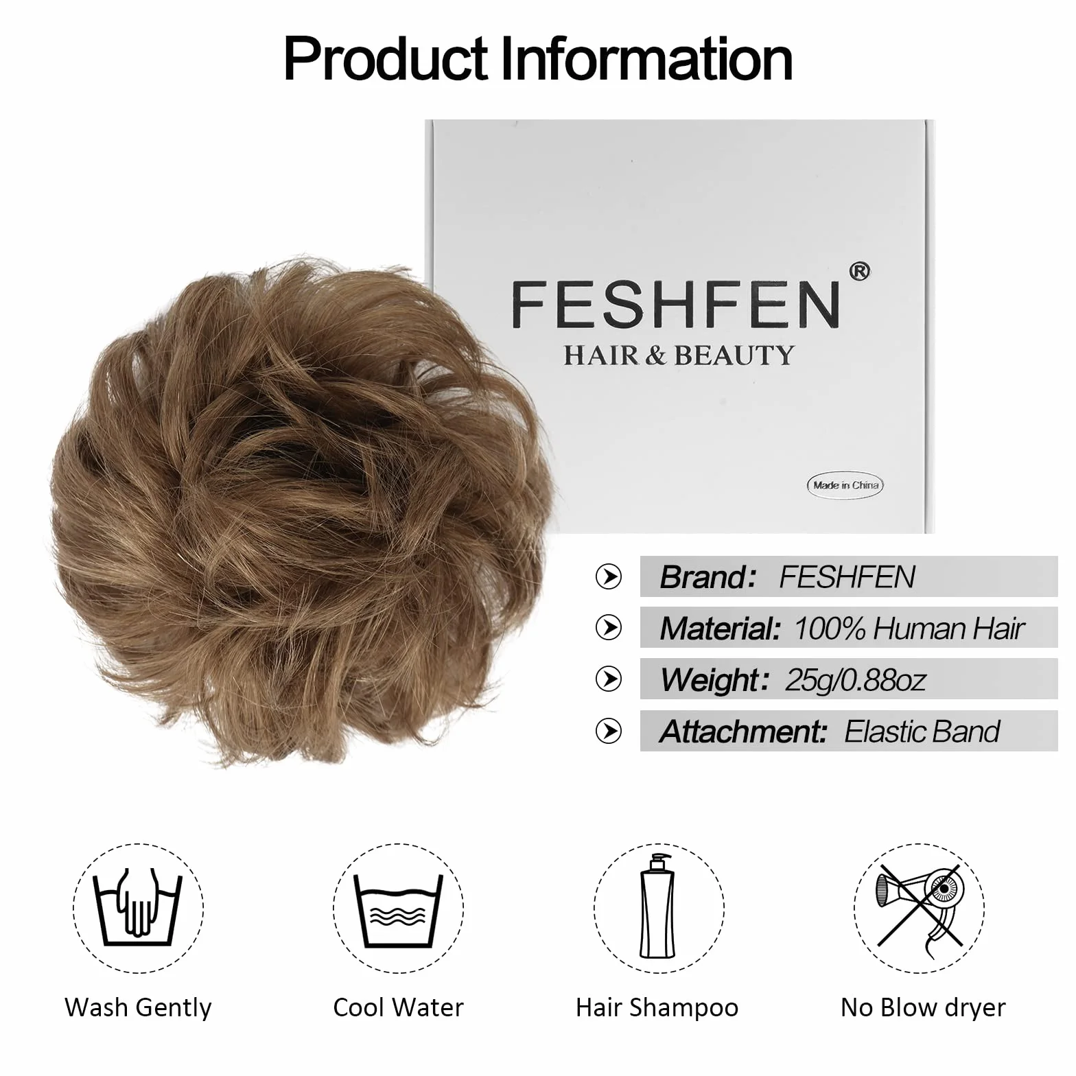 FESHFEN Moños Postizos Pelo Natural - 100% Cabello Humano Ondulado Moño Postizo Despeinado Coletero Extensiones para Mujer, Marrón ceniza