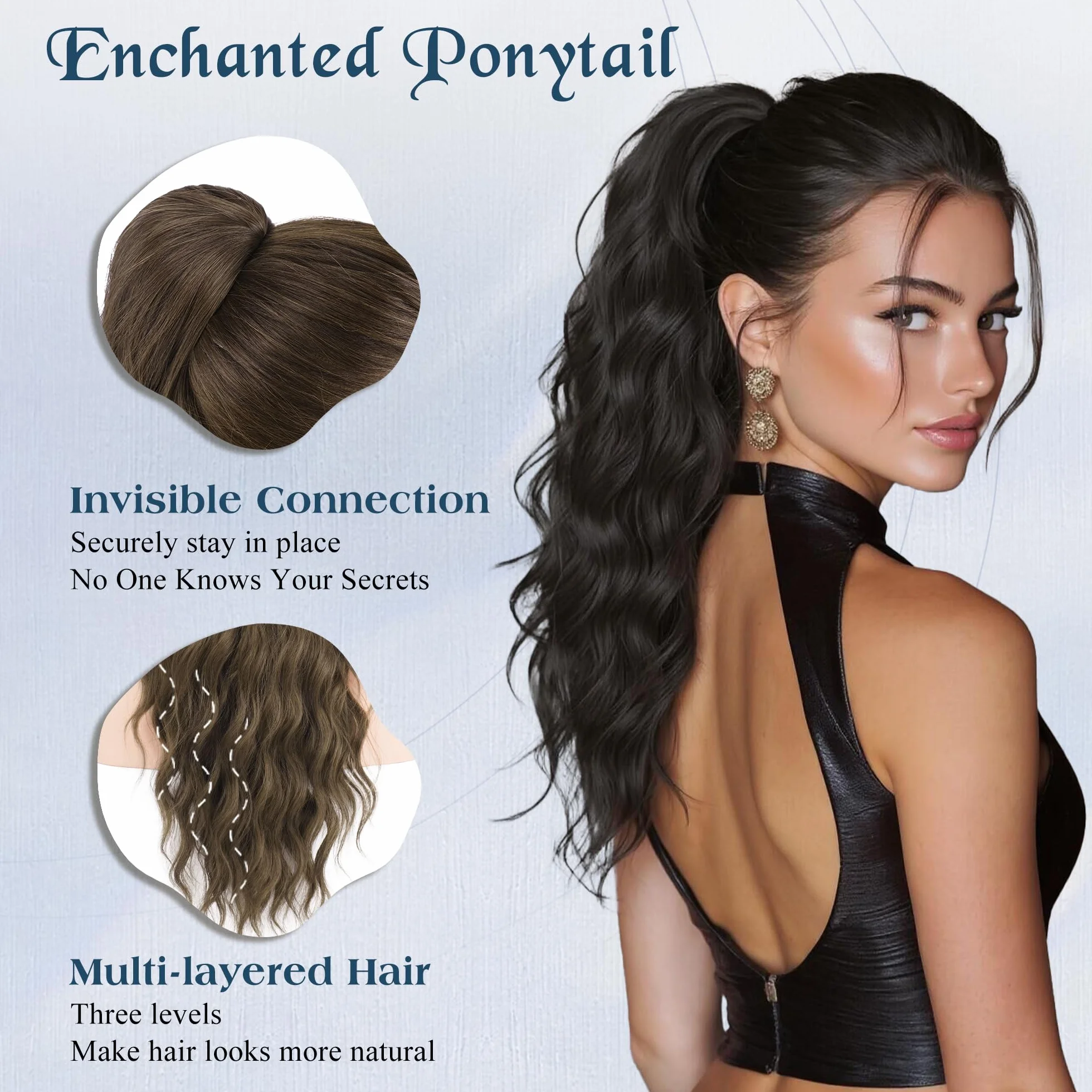FESHFEN Coletas Postizas Pelo Ondulada, Largo Cola de Caballo Extensiones con Peine Sintetico Postizos Ponytail Extensiones de Cabello para Mujer, 60 cm Marrón Claro & Rubio