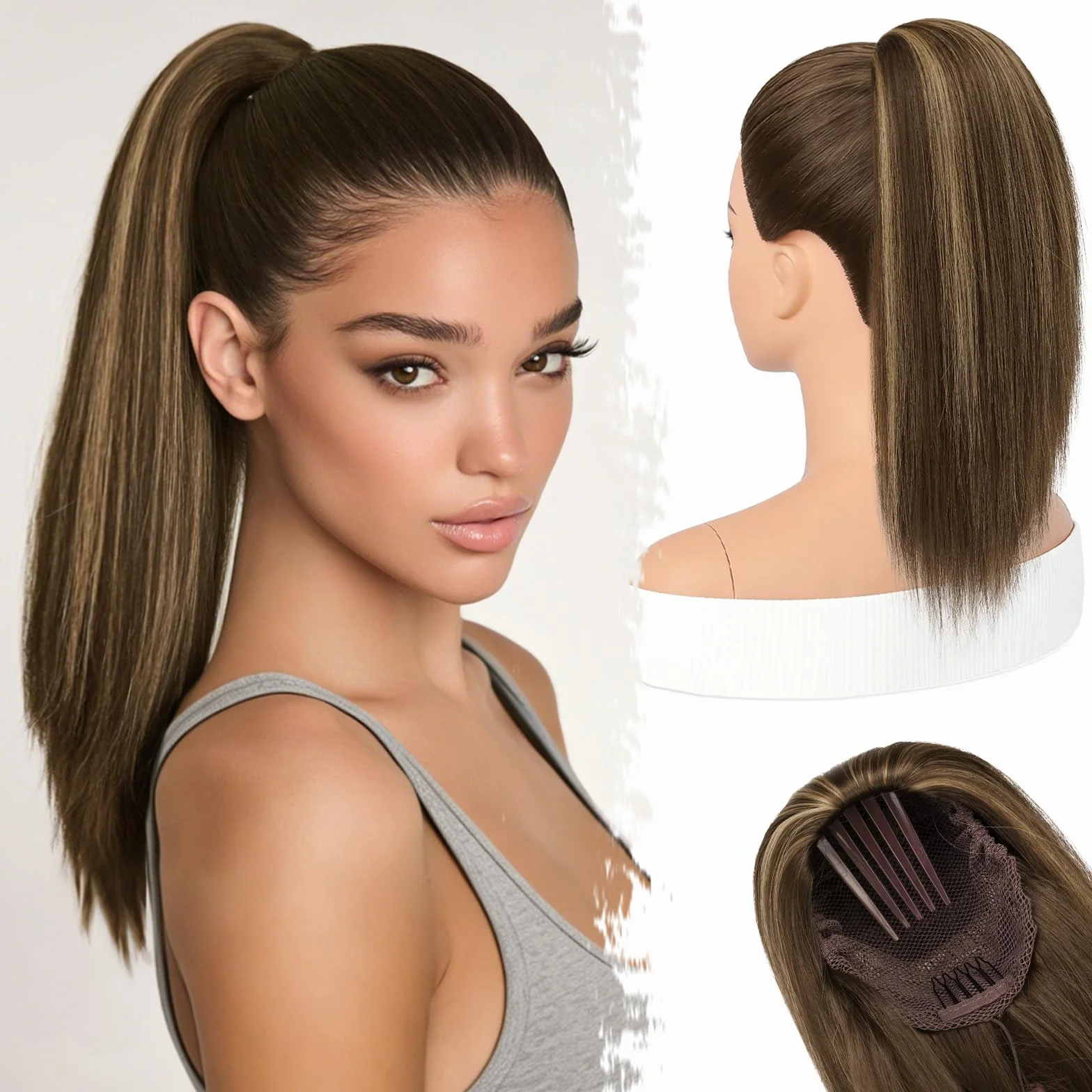 BARSDAR Liso Coleta Postiza Extensiones Pelo, 40cm Corta Cola de Caballo Extension con Cordón Natural Sintética Cheer Posh Ponytail Extensiones Postizos Fiestas Cheer Competition - Marrón con Rubio