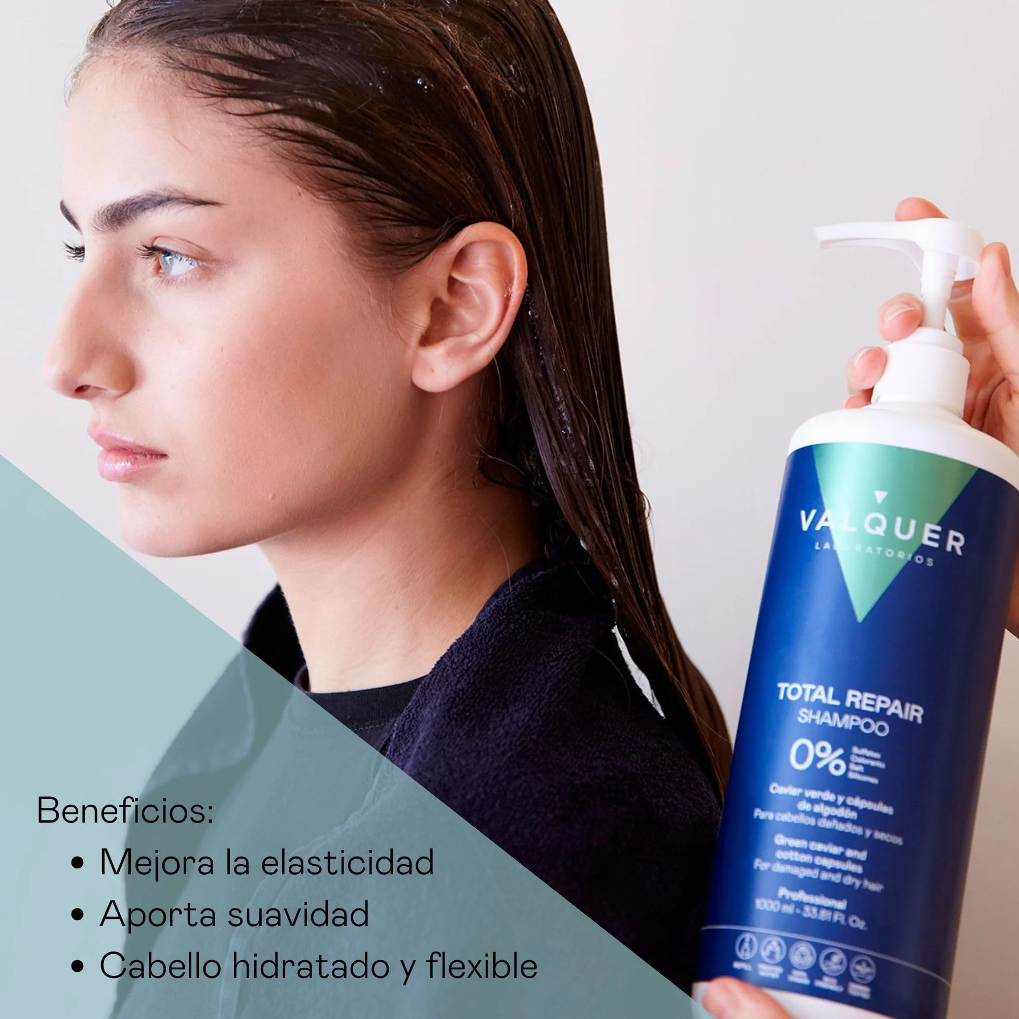 Valquer Champú Total Repair Zero. Repara, Suaviza e Hidrata el Cabello Dañado y Seco. Hidratación Intensa y Nutritiva. Con Caviar Verde, Panthenol, Vitamina E y Cápsulas de Algodón. Vegano. 1 L.