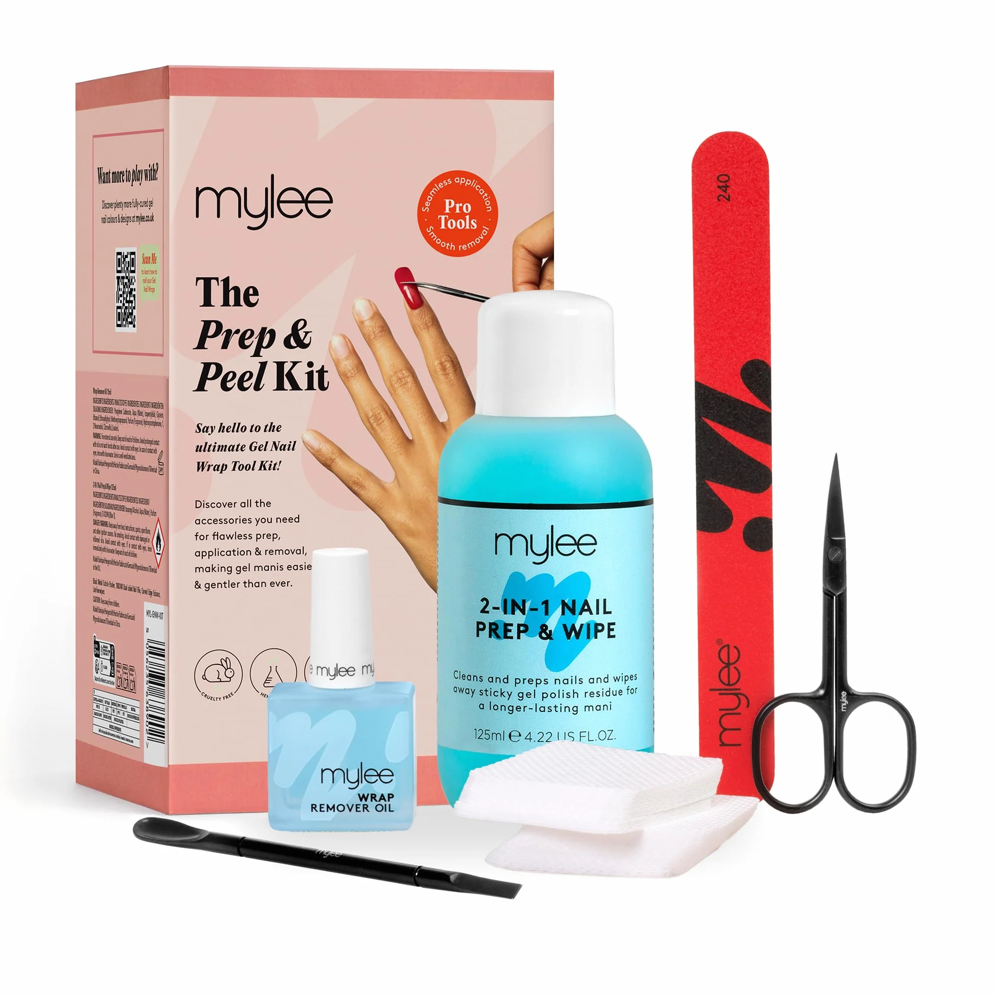 Mylee Kit de envolturas de uñas de gel Prep & Peel – Herramientas profesionales para una aplicación y extracción sin costuras – Incluye aceite removedor, tijeras, lima de uñas, empujador de cutículas