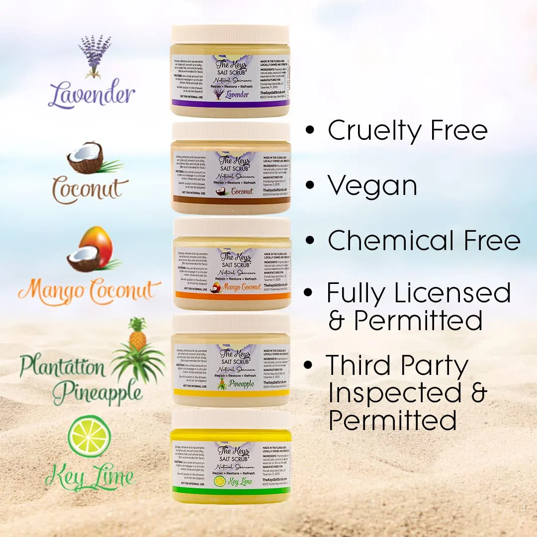 The Keys Salt Scrub Exfoliante prémium para el cuerpo de sal marina – Fabricado con aceite de sal de mar puro de Florida y aceite de coco orgánico + cuchara de madera (lima clave, a granel 3 paquetes