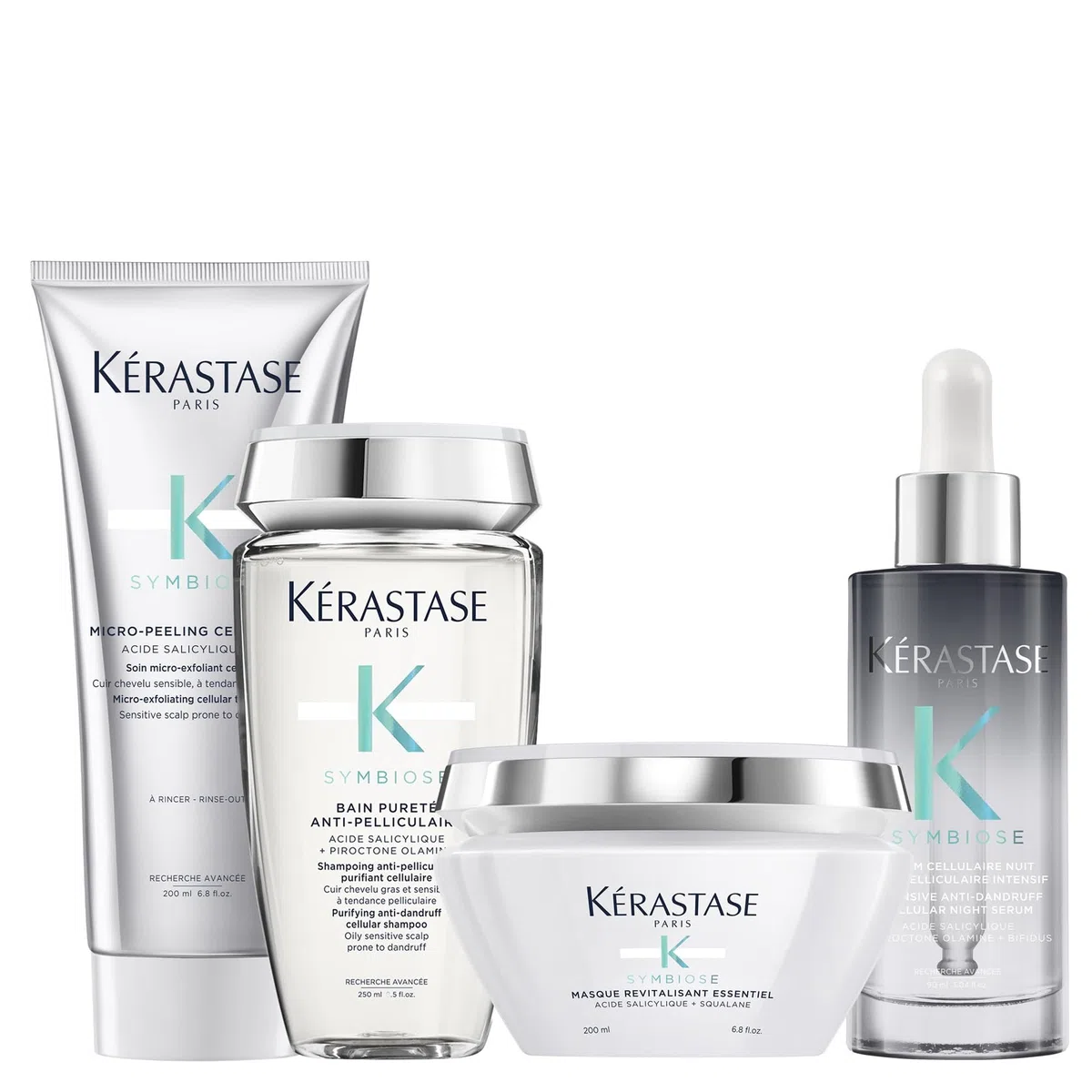 Kérastase Symbiose, Rutina Exfoliante y Purificante, Exfoliante, Champú anticaspa, Mascarilla Nutritiva y Sérum reequilibrante, Para cuero cabelludo sensible
