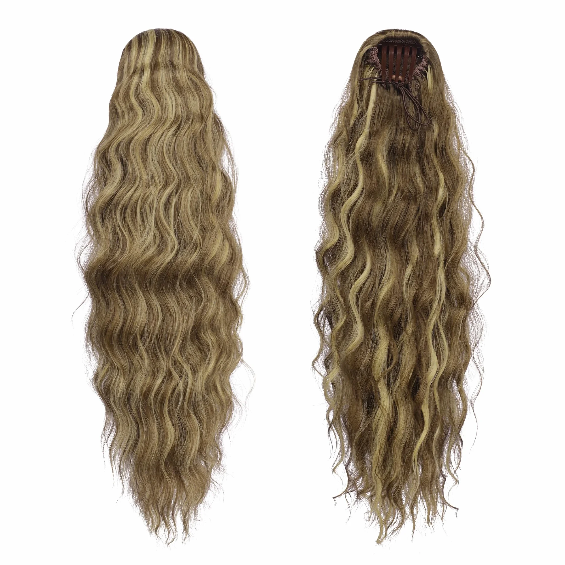 FESHFEN Coletas Postizas Pelo Ondulada, Largo Cola de Caballo Extensiones con Peine Sintetico Postizos Ponytail Extensiones de Cabello para Mujer, 60 cm Marrón Claro & Rubio