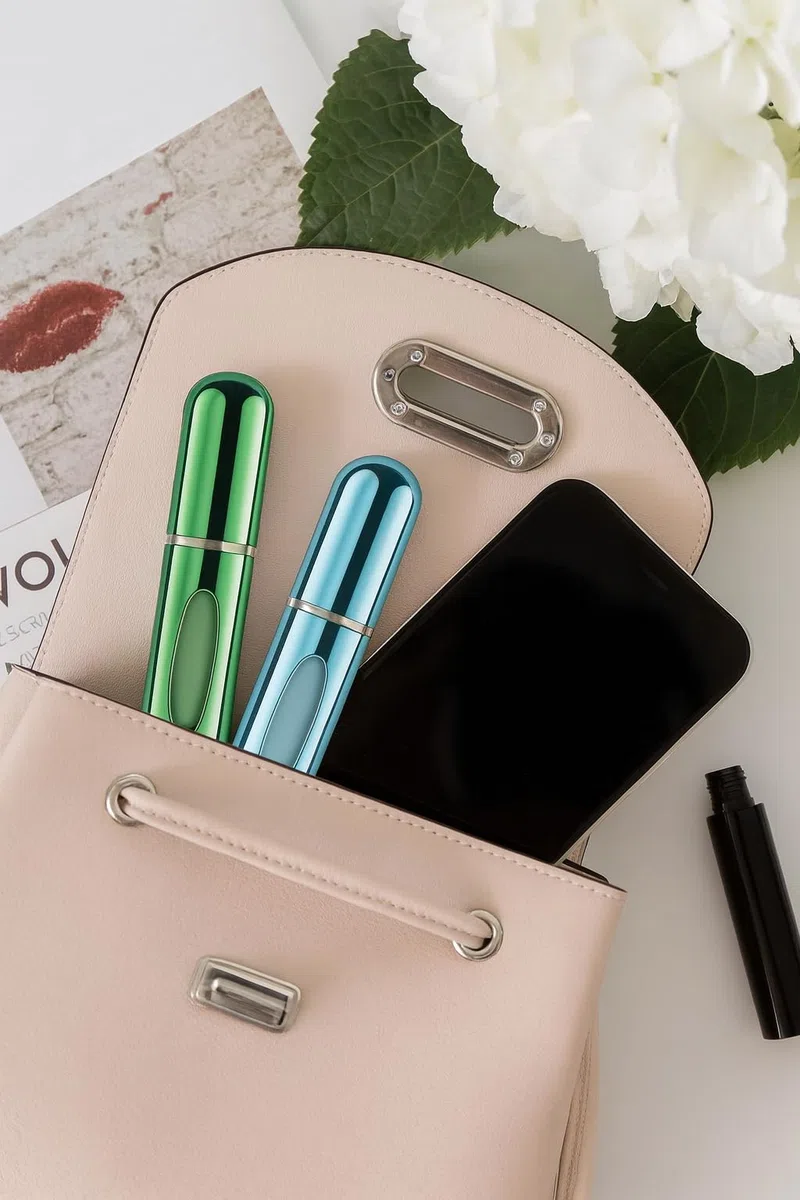 Kyrotech Mini botella de perfume recargable portátil, atomizador recargable, estuche de bomba de repuesto para viajes y salidas (negro, plateado, azul marino, lila)