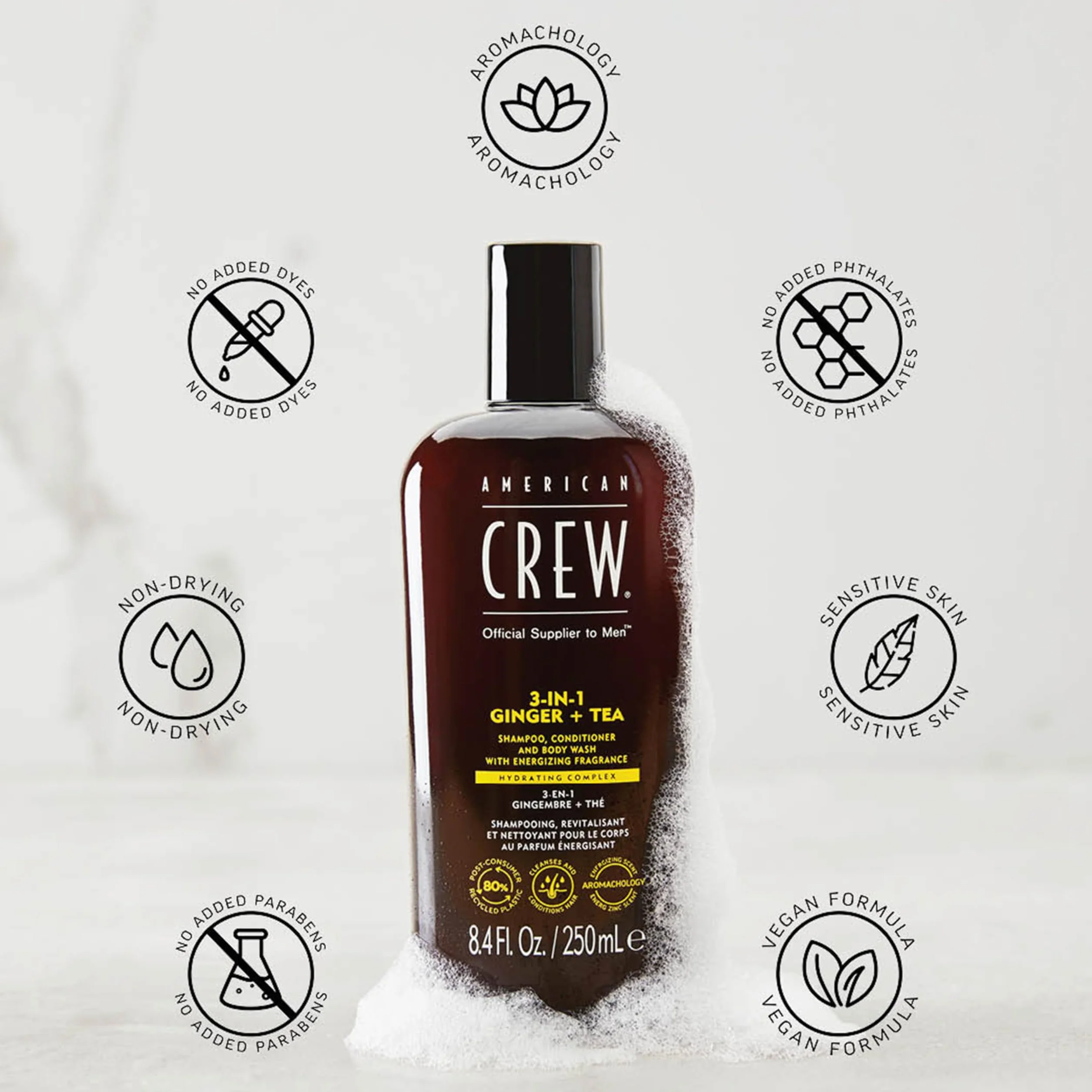 American Crew 3 en 1 Ginger + Tea, Champú Acondicionador y Gel de Ducha, Limpia e Hidrata el Cabello y el Cuerpo, Mantiene y Repone la Barrera de Hidratación, Aroma Revitalizante y Energizante