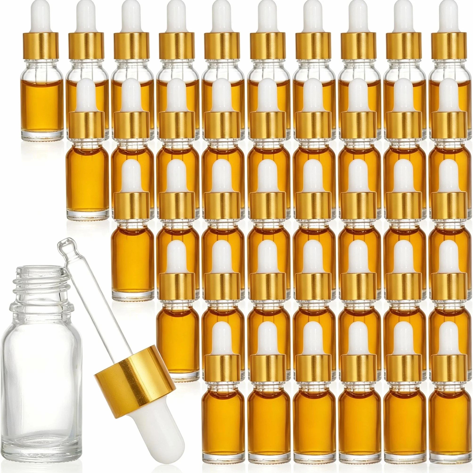 Lawei 40 frascos cuentagotas de 10 ml vacíos con pipetas cuentagotas, tapa de aleación de aluminio dorado, contenedor de muestra recargable para aceites esenciales, perfumes, cosméticos y líquidos
