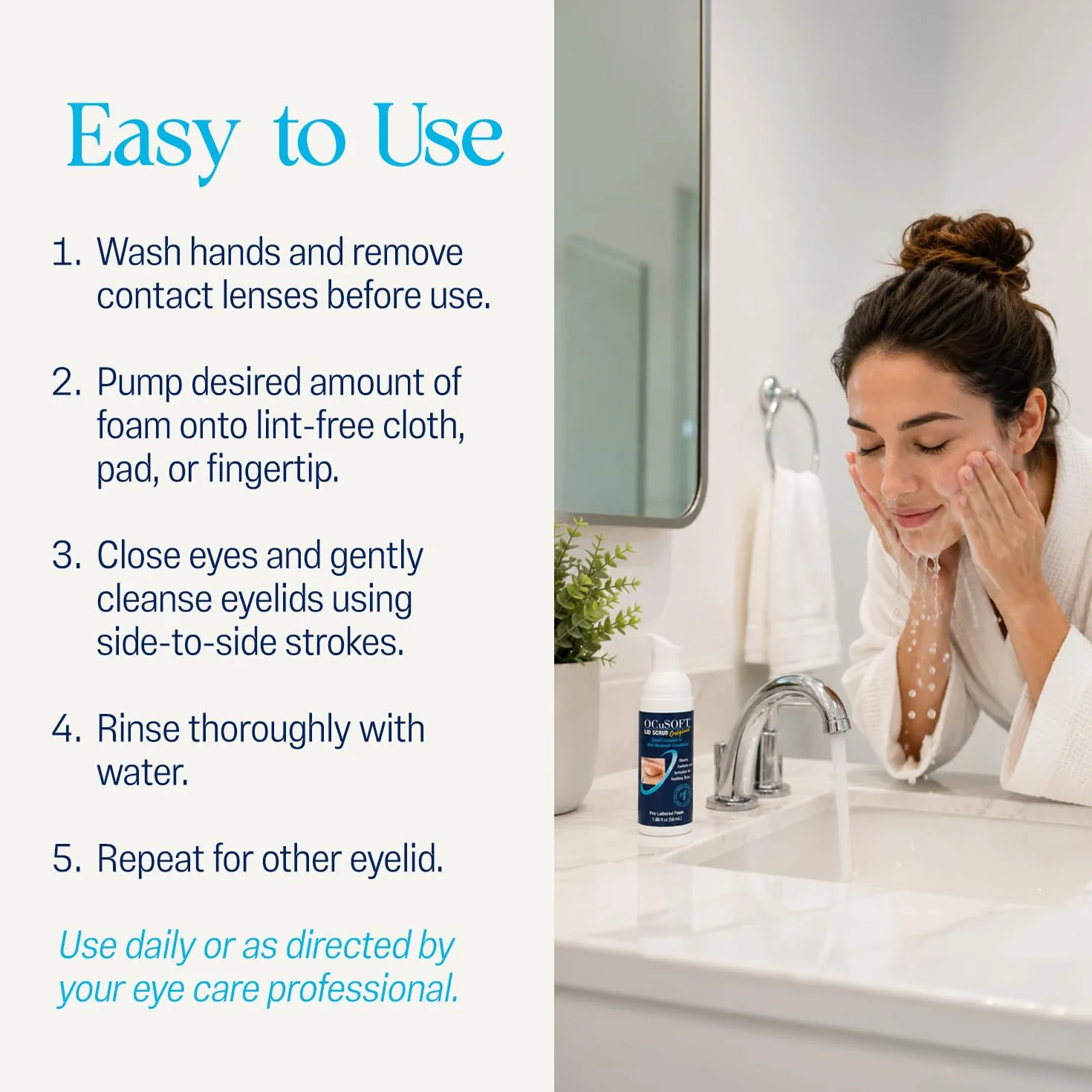 OCuSOFT Limpiador de párpados espumoso original, espuma instantánea suave para eliminar aceite, polvo, polen y maquillaje, 1.7 onzas líquidas