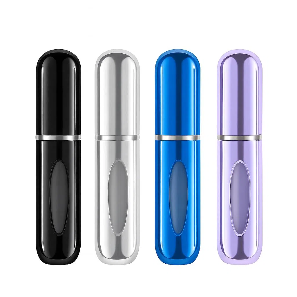 Kyrotech Mini botella de perfume recargable portátil, atomizador recargable, estuche de bomba de repuesto para viajes y salidas (negro, plateado, azul marino, lila)