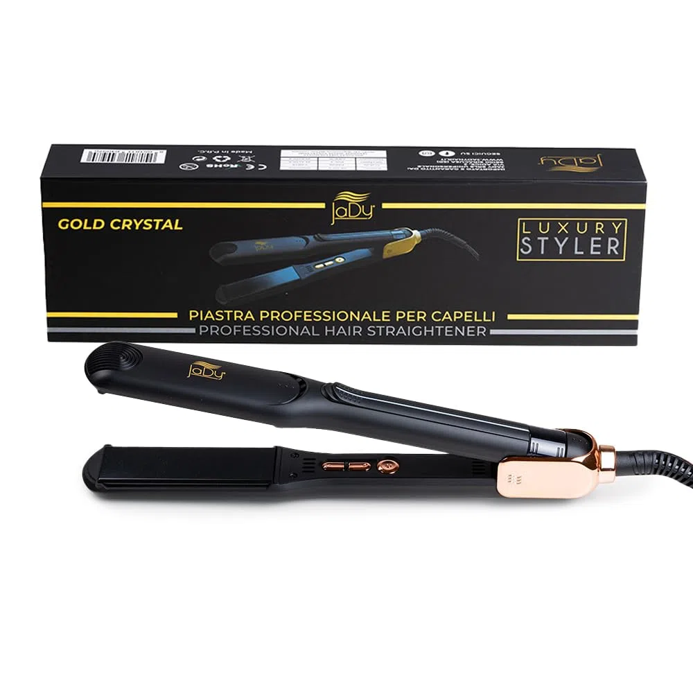 JaDy - Plancha para el pelo Gold Crystal | Calentamiento rápido en 10s | Revestimiento cerámico turmalina | Temperatura ajustable 120-230°C | Apagado automático, Negro