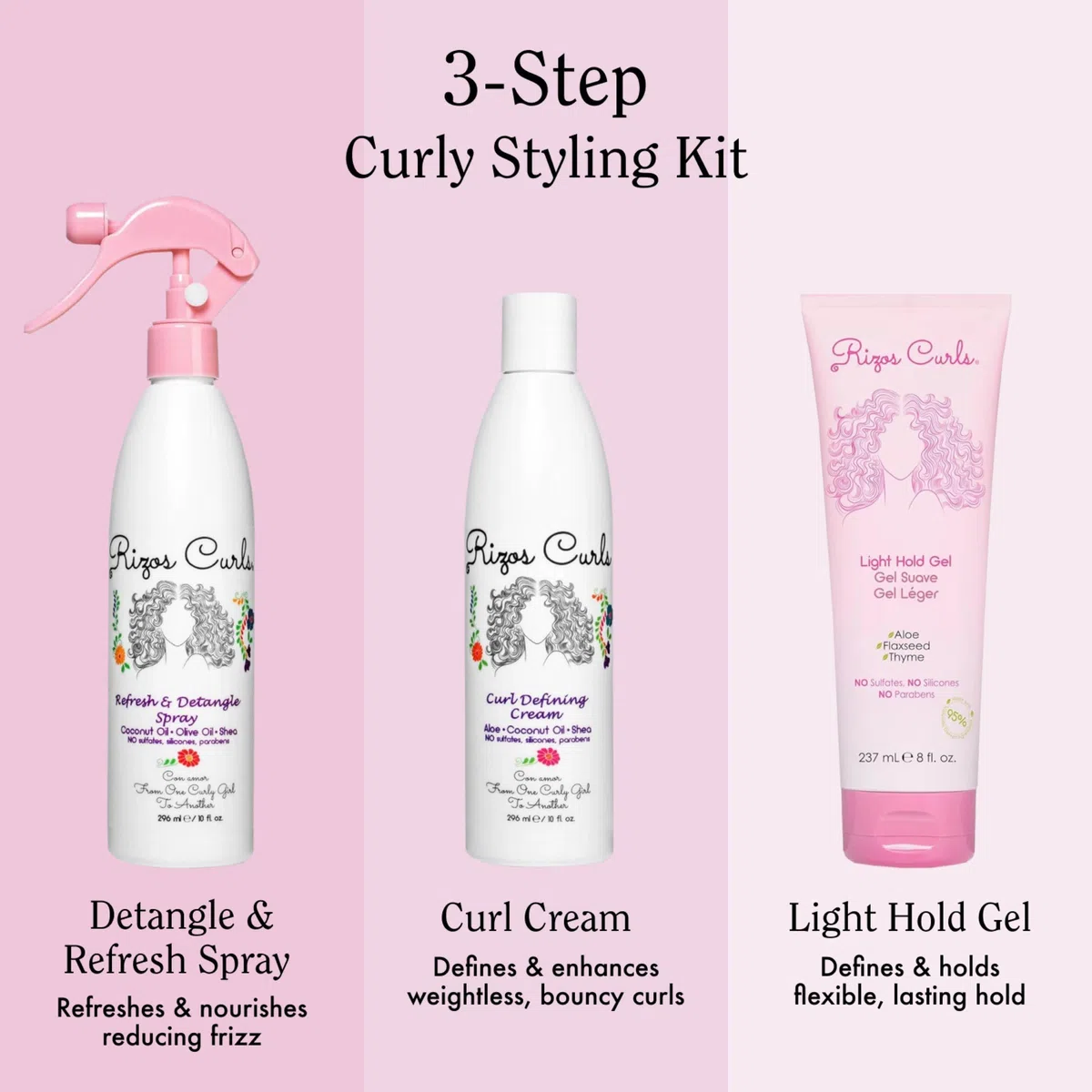 Rizos Curls Kit inicial para peinar, refrescar y desenredar spray y crema definitoria de rizos y paquete de gel de fijación ligera, mejora y define rizos, añade volumen y conservación