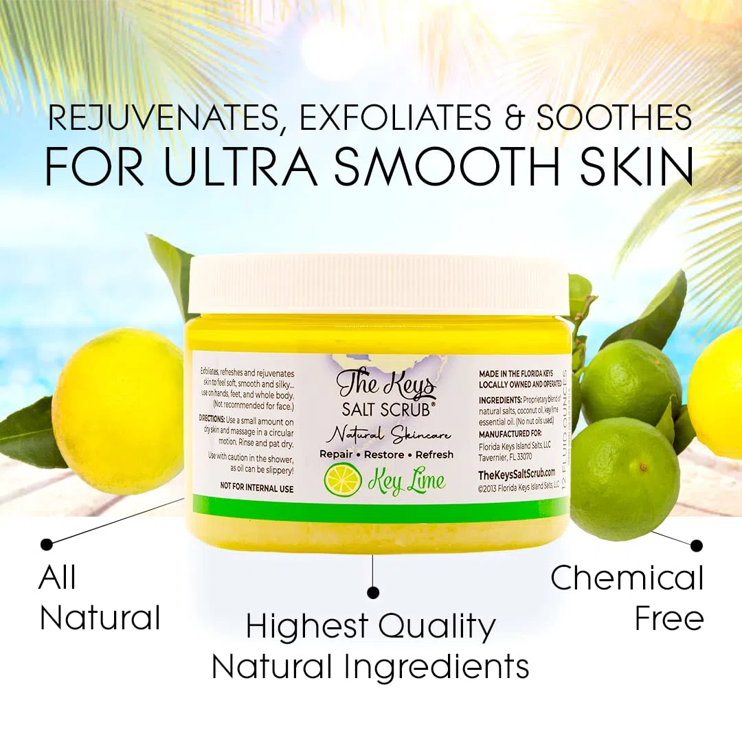 The Keys Salt Scrub Exfoliante prémium para el cuerpo de sal marina – Fabricado con aceite de sal de mar puro de Florida y aceite de coco orgánico + cuchara de madera (lima clave, a granel 3 paquetes