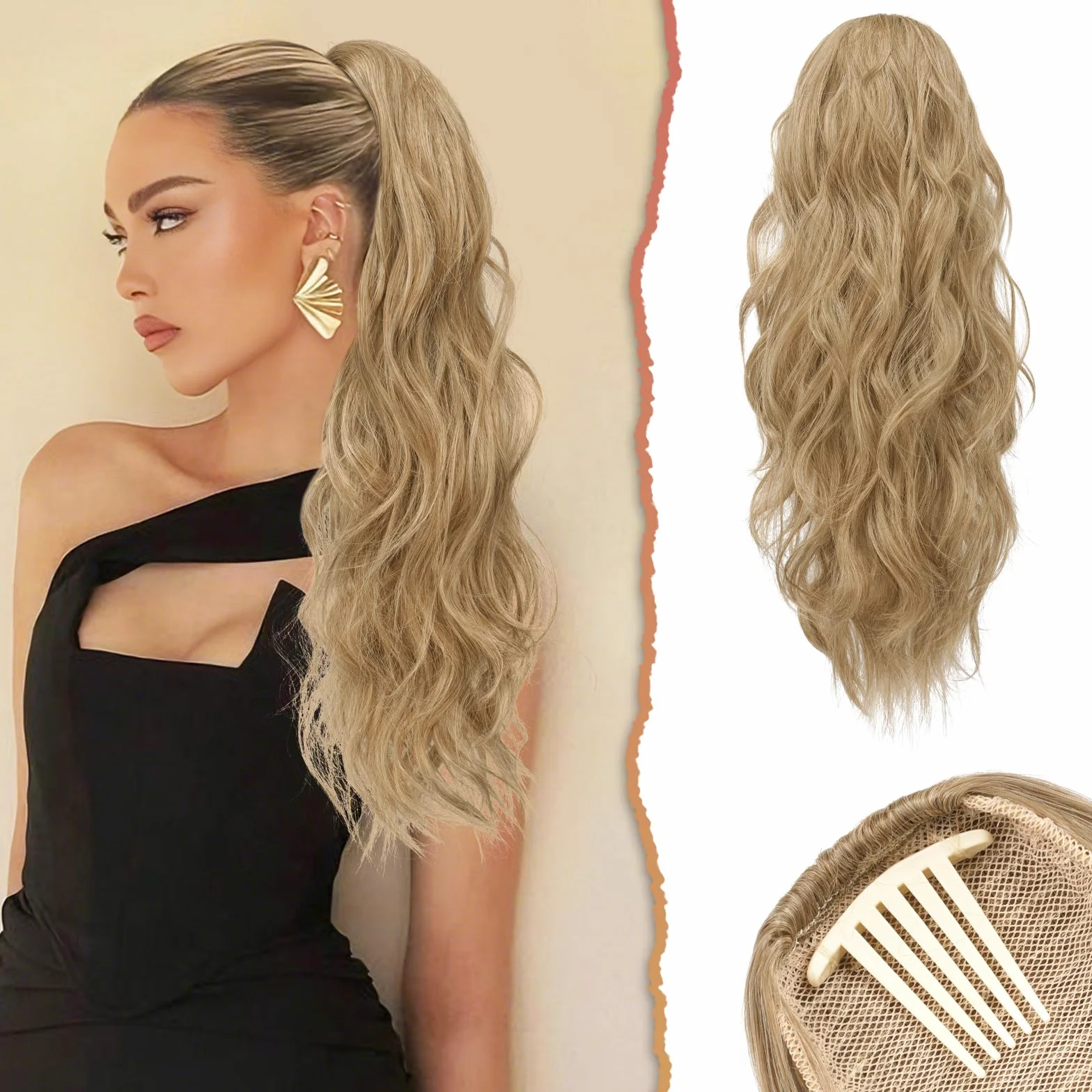 Sofeiyan Cola de Caballo Extensiones con Cordón, 60 cm Ondulado Extensiones Pelo Natural Coleta Postiza Sinteticas Peines Clip in Postizos de Pelo para Mujer, Rubio Ceniza Mixto
