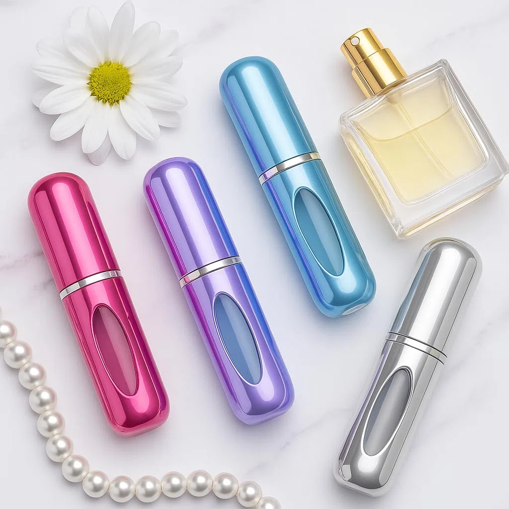 Kyrotech Mini botella de perfume recargable portátil, atomizador recargable, estuche de bomba de repuesto para viajes y salidas (negro, plateado, azul marino, lila)
