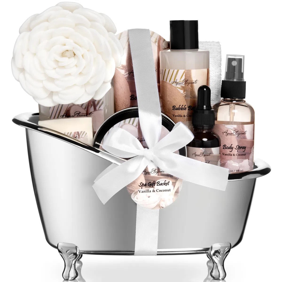 Aqua Elegante - Canastas de regalo de bienestar para mujer, juego de baño de lujo con coco y vainilla, incluye baño de burbujas, B