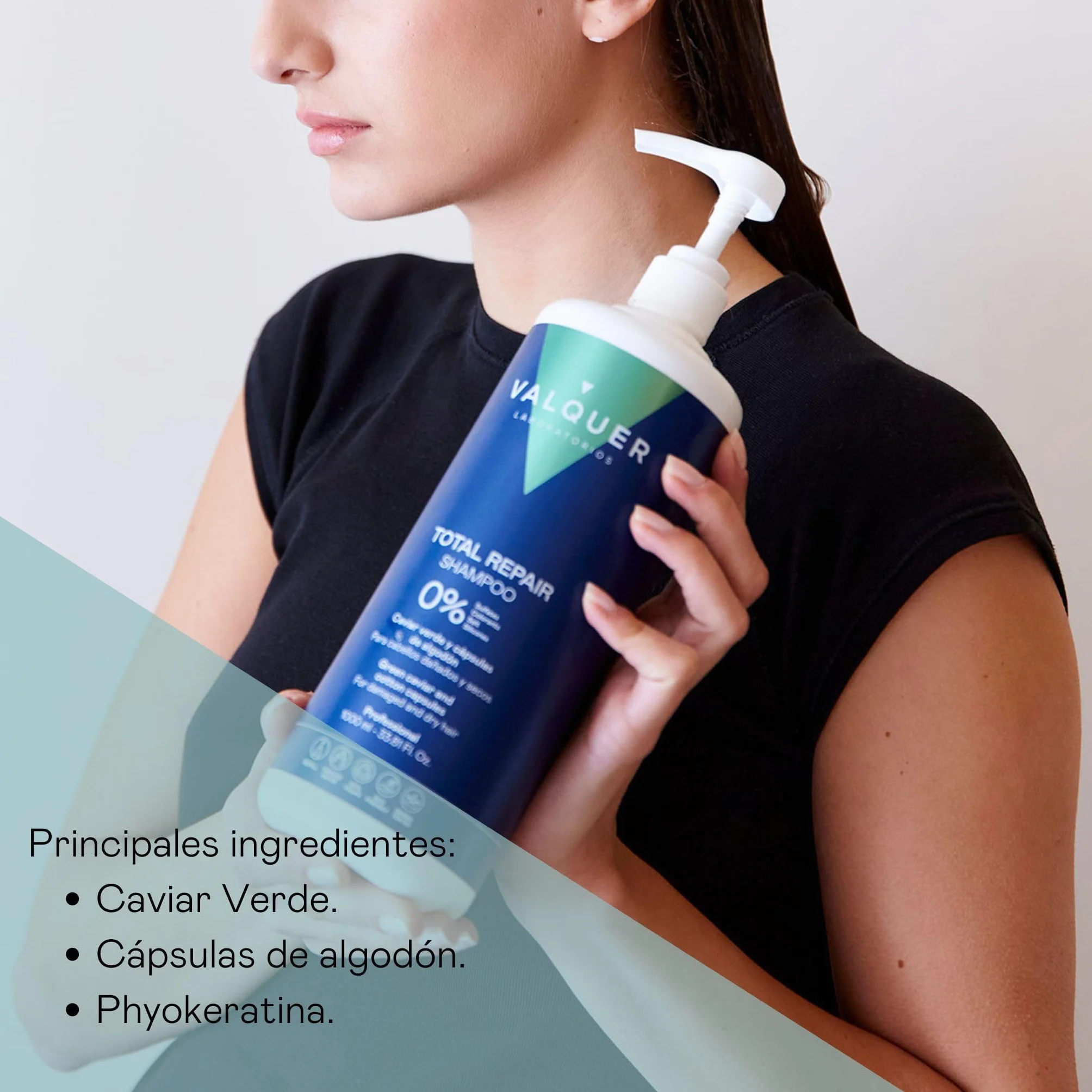 Valquer Champú Total Repair Zero. Repara, Suaviza e Hidrata el Cabello Dañado y Seco. Hidratación Intensa y Nutritiva. Con Caviar Verde, Panthenol, Vitamina E y Cápsulas de Algodón. Vegano. 1 L.