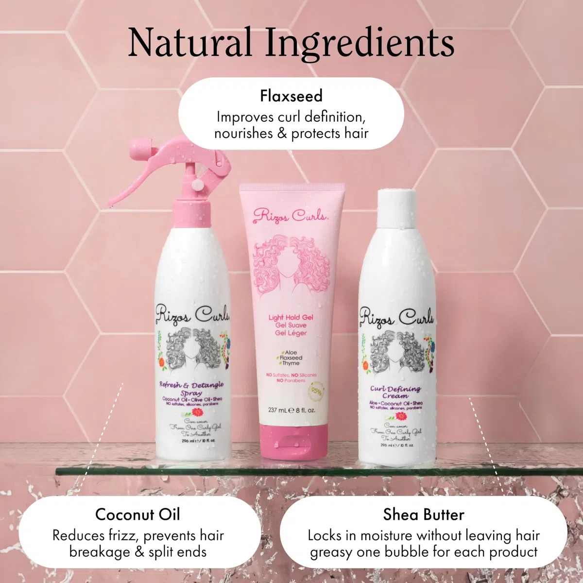 Rizos Curls Kit inicial para peinar, refrescar y desenredar spray y crema definitoria de rizos y paquete de gel de fijación ligera, mejora y define rizos, añade volumen y conservación