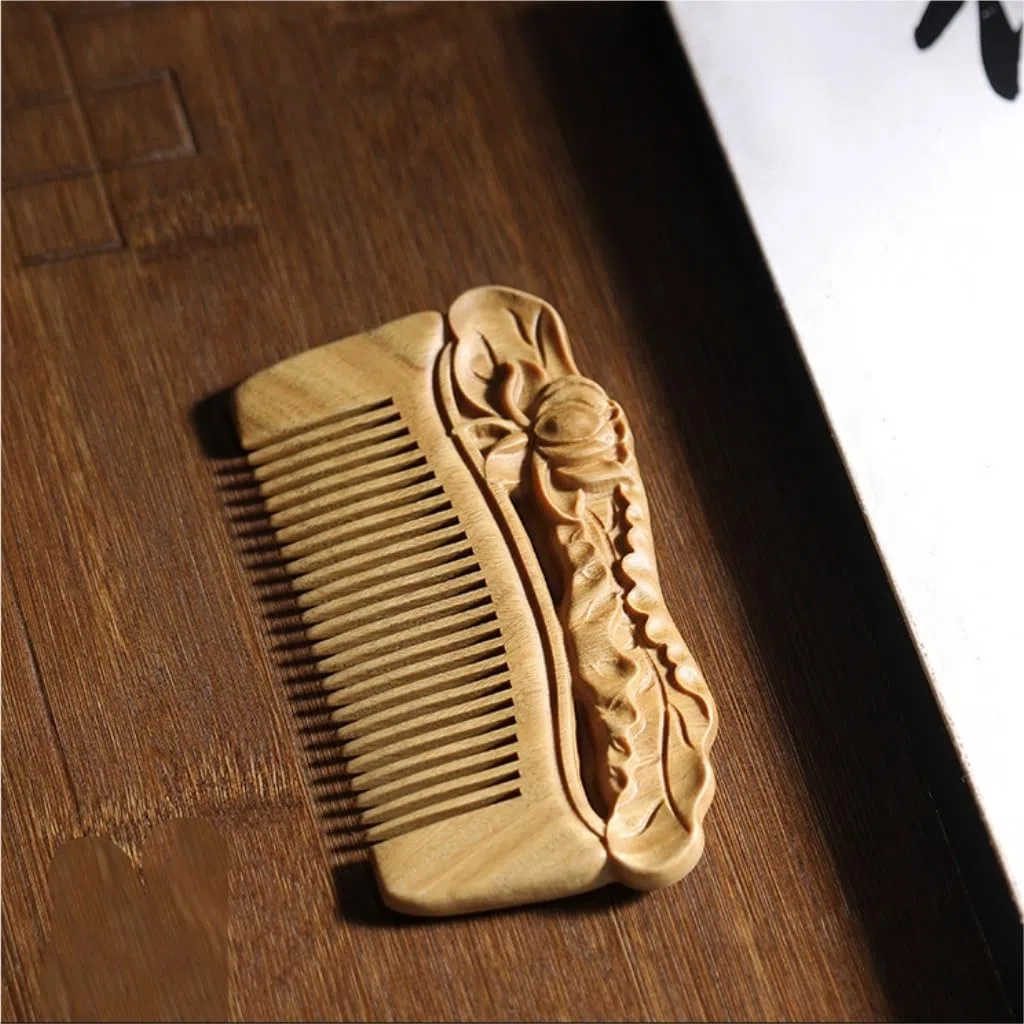 MRKU Peine Retro Chino portátil para Pelo Rizado, Peine de Madera para Barba, Peine para Pelo Largo para Mujer
