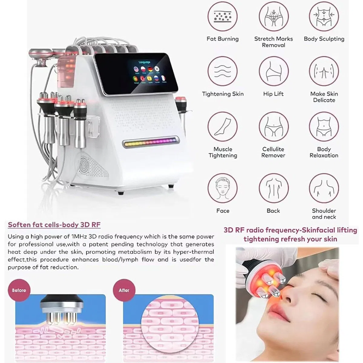 MáQuina EliminacióN Grasa por Radiofrecuencia (RF) Al VacíO, 11 En 1, CavitacióN 80k, Profesional, para Moldear El Cuerpo, Masajeador VacíO por Radiofrecuencia, con 11 Cabezales Masaje
