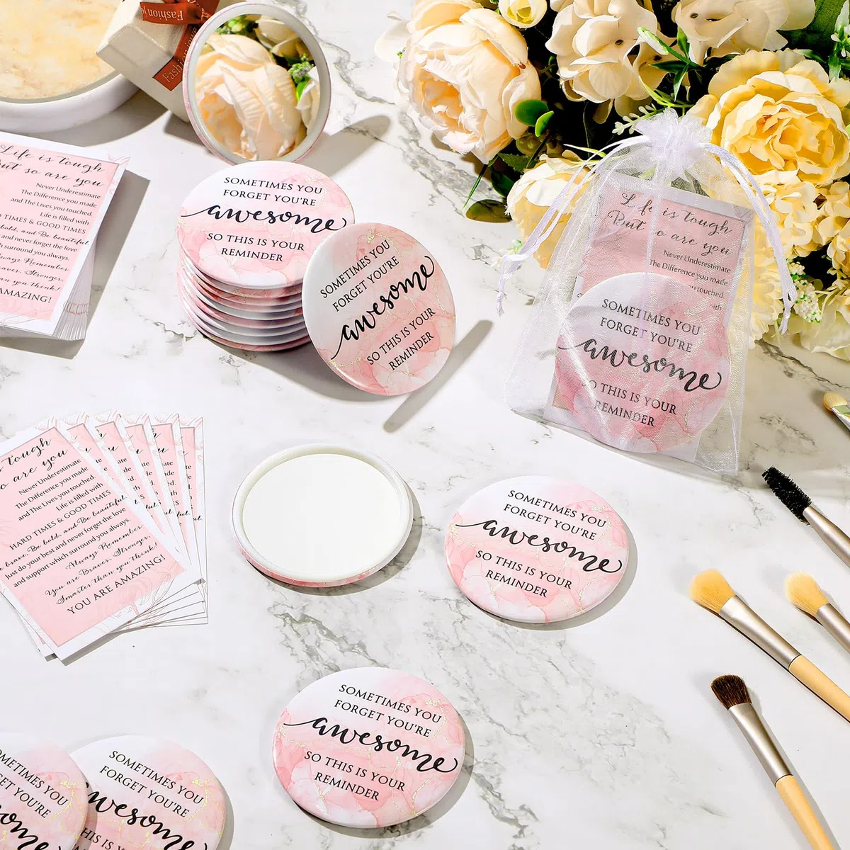 Cinnvoice Juego de 50 espejos compactos inspiradores para mujeres, a granel, con texto en inglés "Sometimes You Forget You're Awesome Makeup", espejo de bolsillo para bolso, tarjetas motivacionales